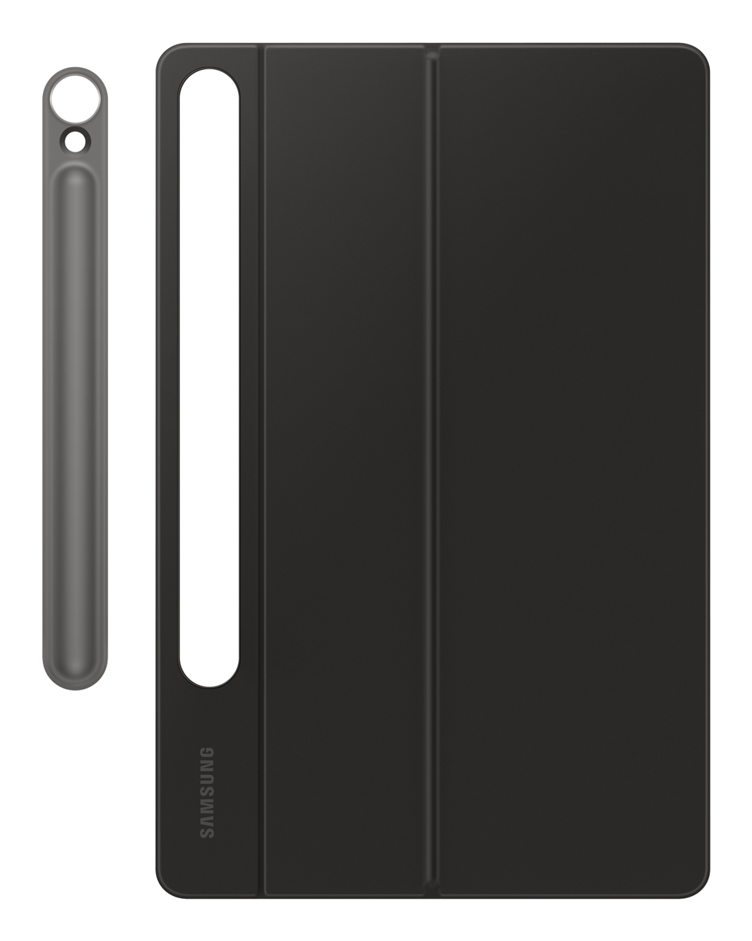 Ein grauer Stift und eine schwarze Tablet-Hülle mit Samsung-Logo.