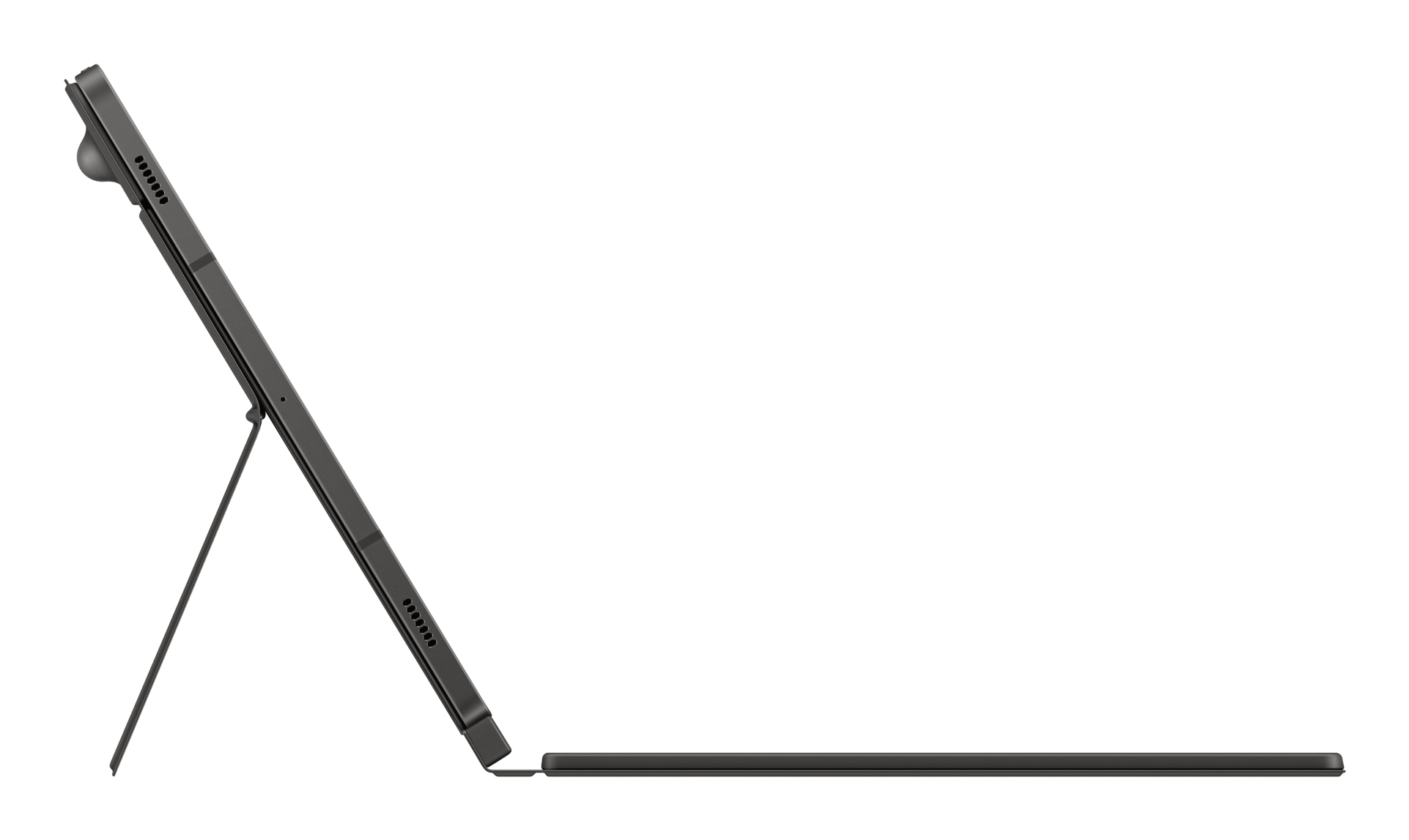 Ein dunkles Tablet mit Ständer und Tastatur auf weißem Hintergrund.