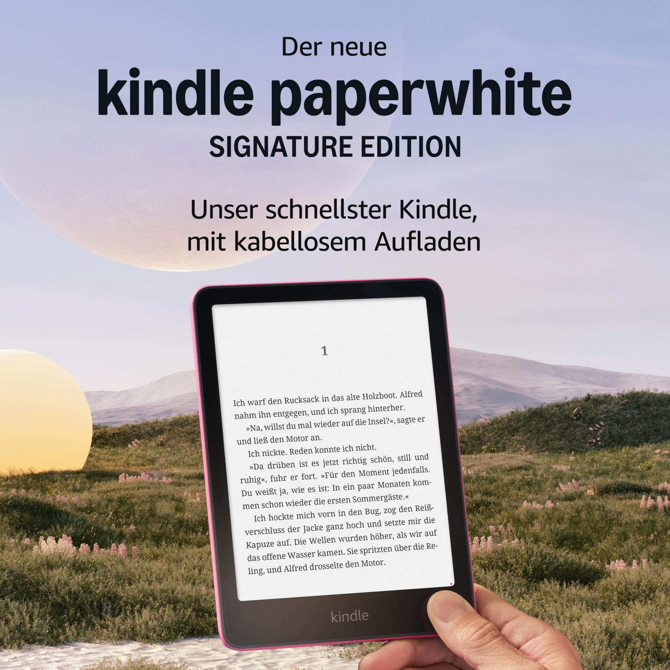 Ein rosa Kindle Paperwhite mit Text wird in einer grasbewachsenen Landschaft gehalten.