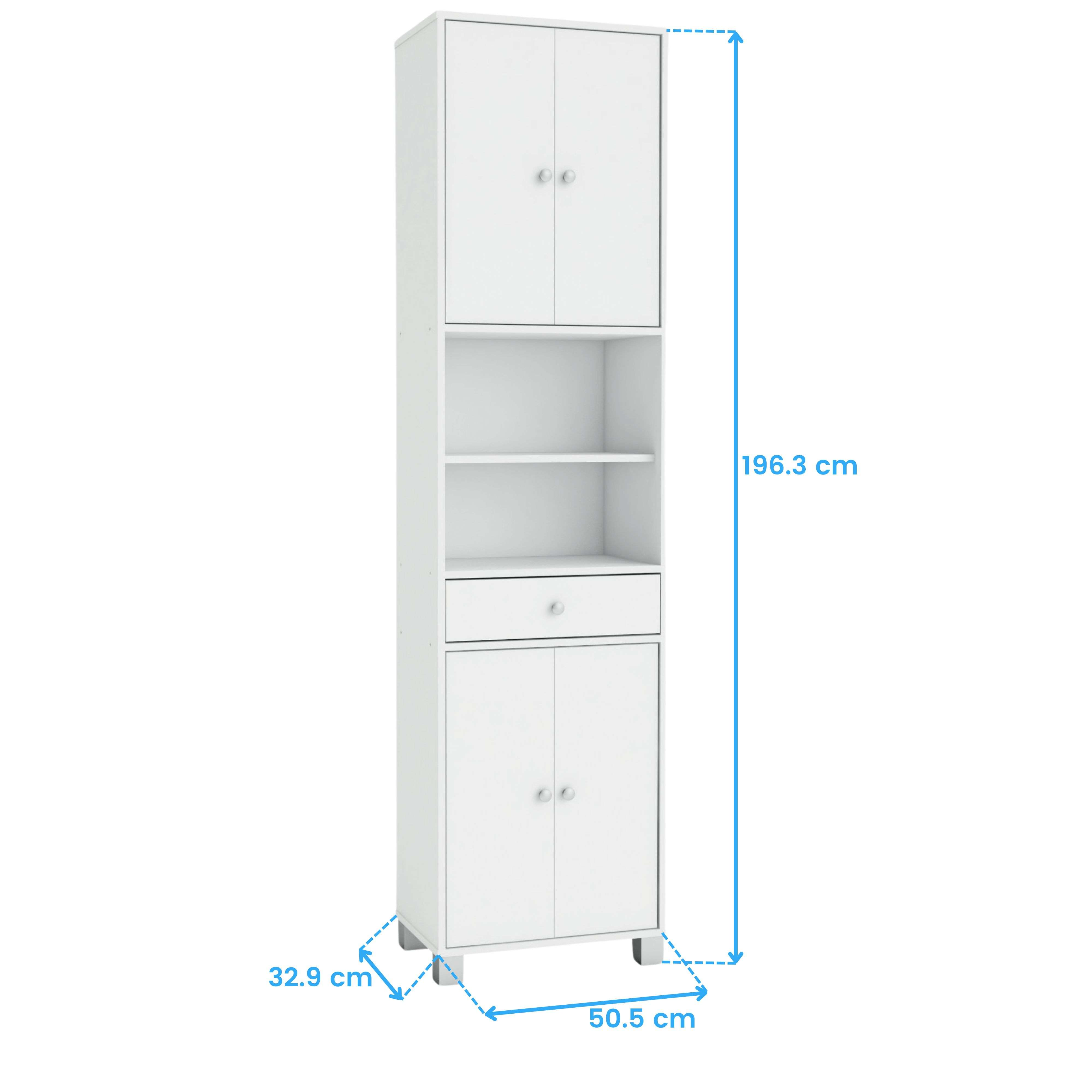 Un armario blanco alto con puertas y estantes. Se muestran las dimensiones.