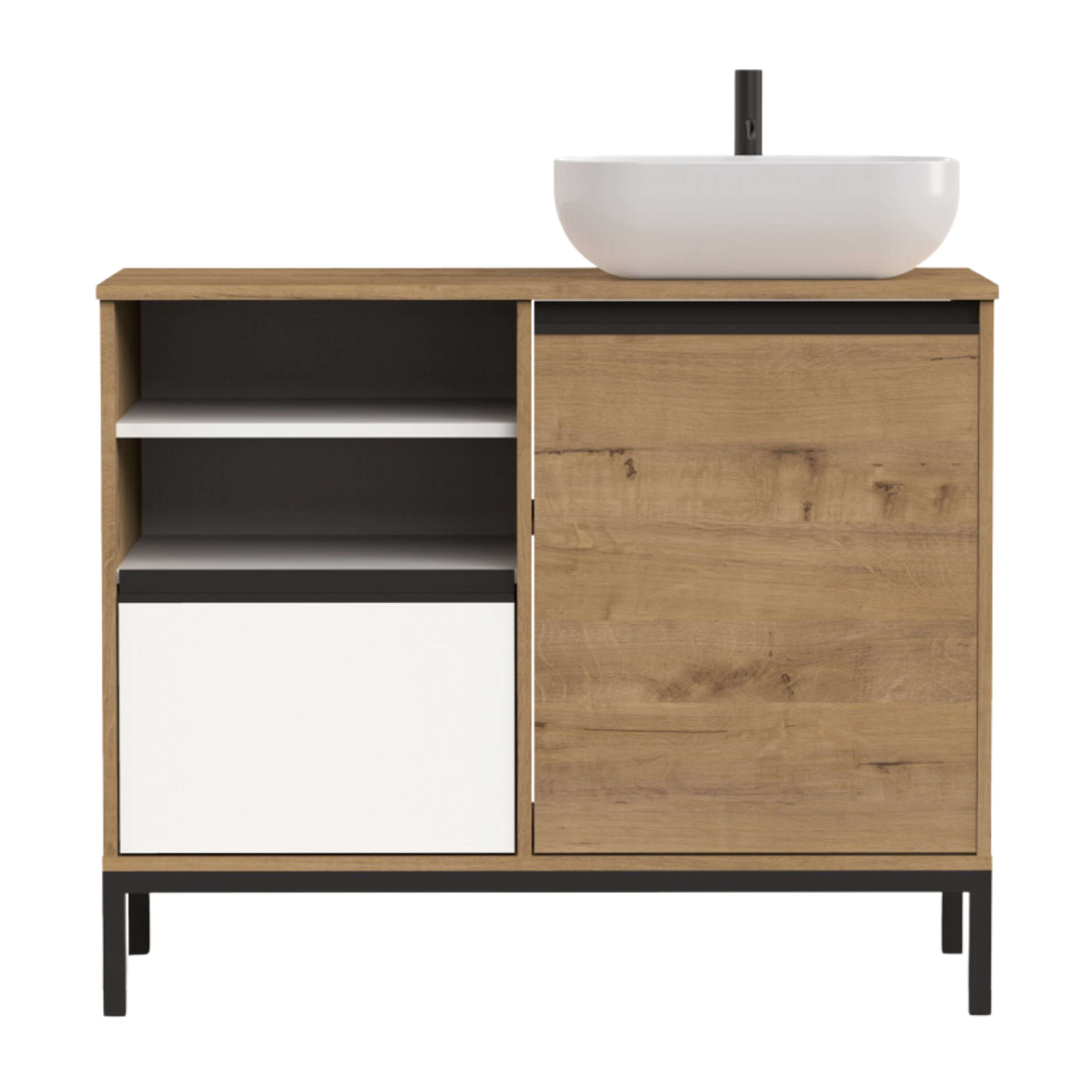 Un mueble de baño moderno con acabado efecto madera, lavabo blanco y grifo negro.