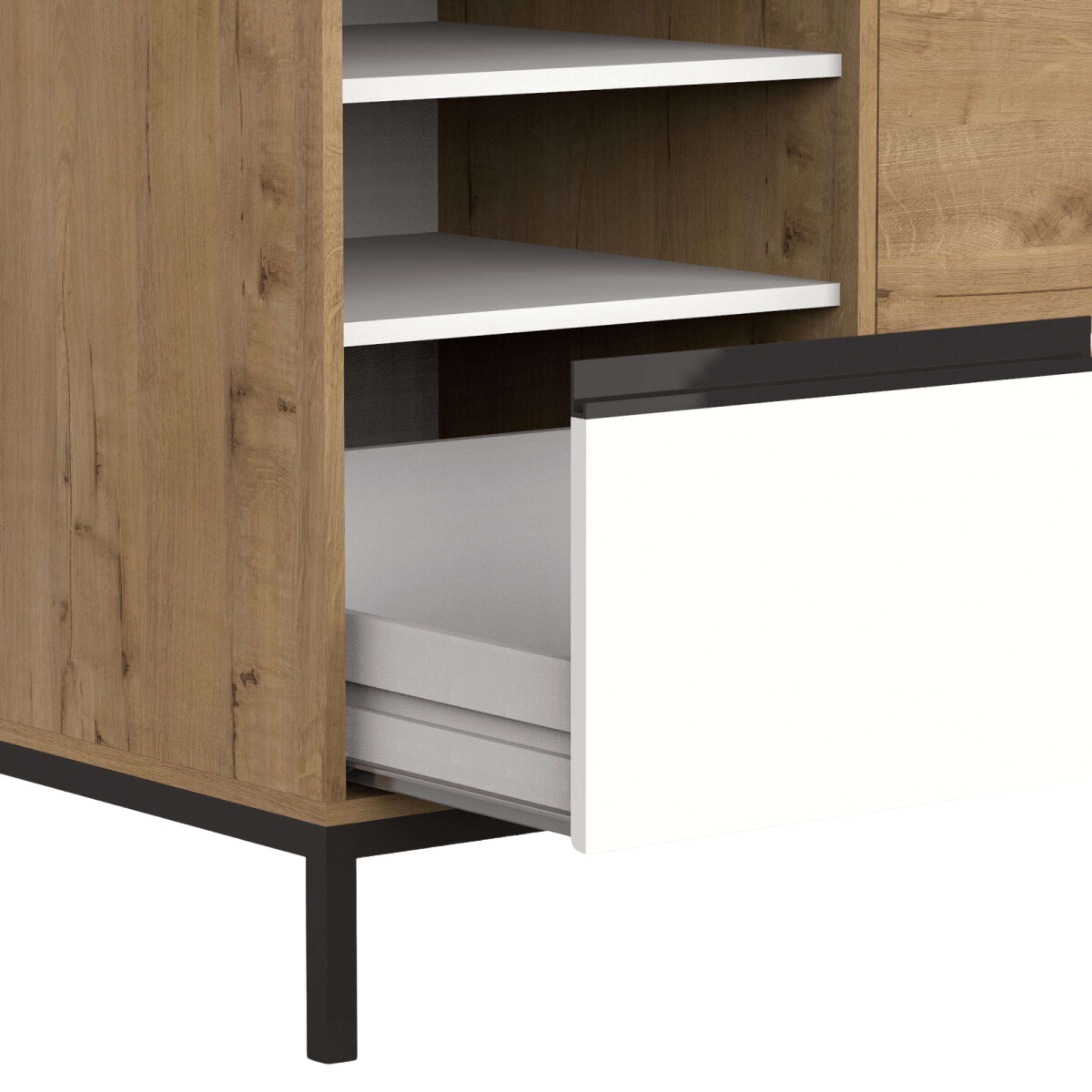 Mueble de madera con cajón abierto y estantes blancos.