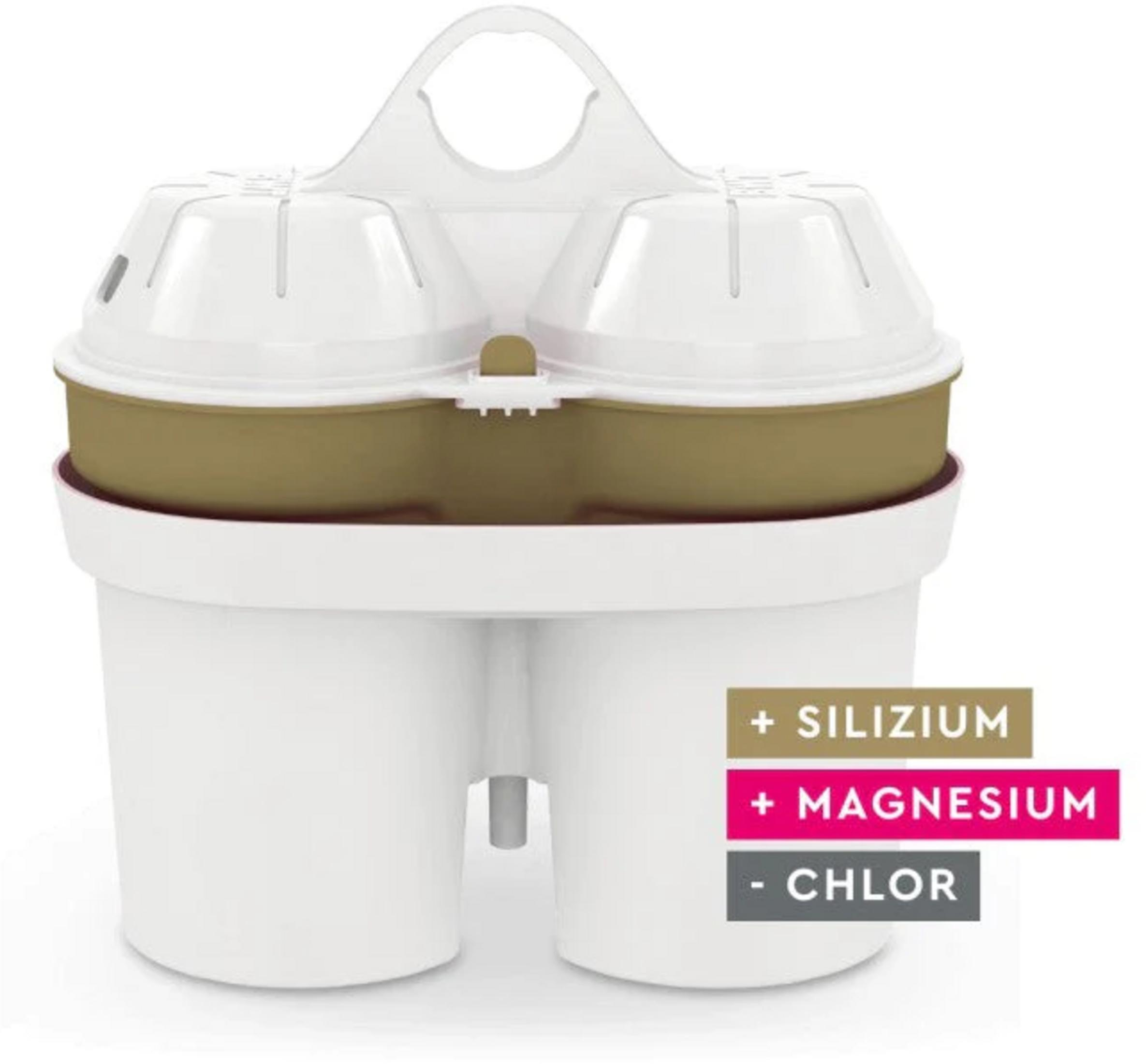 Ein weißer Wasserfilterkrug mit braunem Oberteil und Griff. Beschriftet mit Silizium, Magnesium, Chlor.