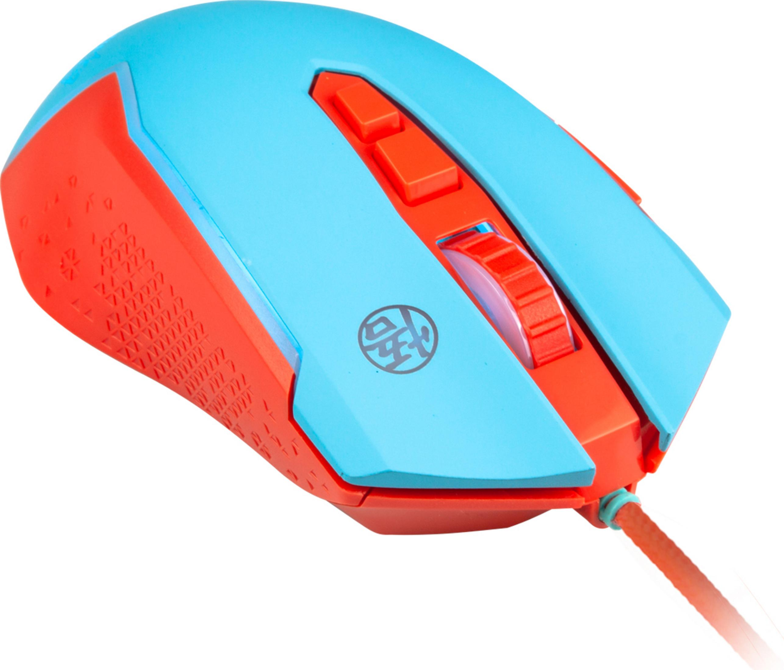 Niebiesko-pomarańczowa mysz gamingowa z podświetlanymi akcentami.