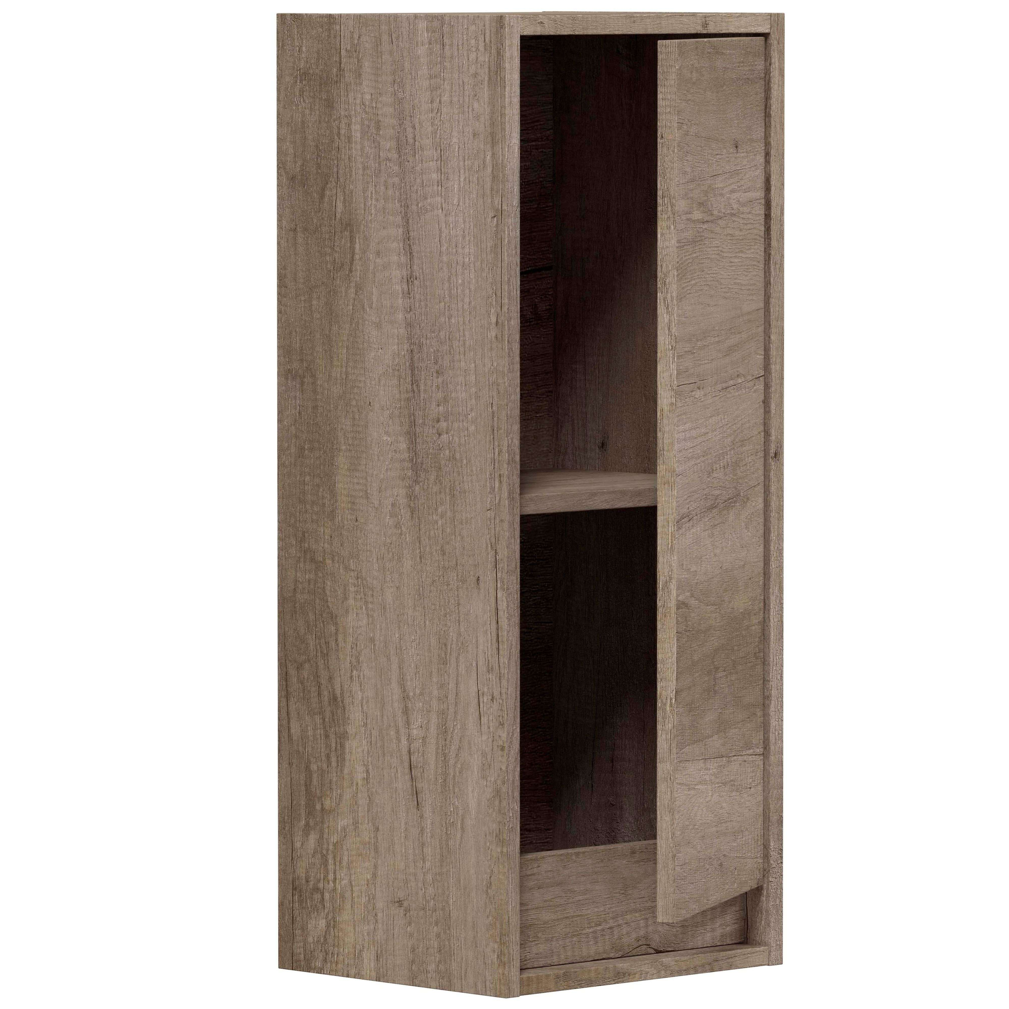 Un armario de madera estrecho y alto con una puerta abierta y un estante.