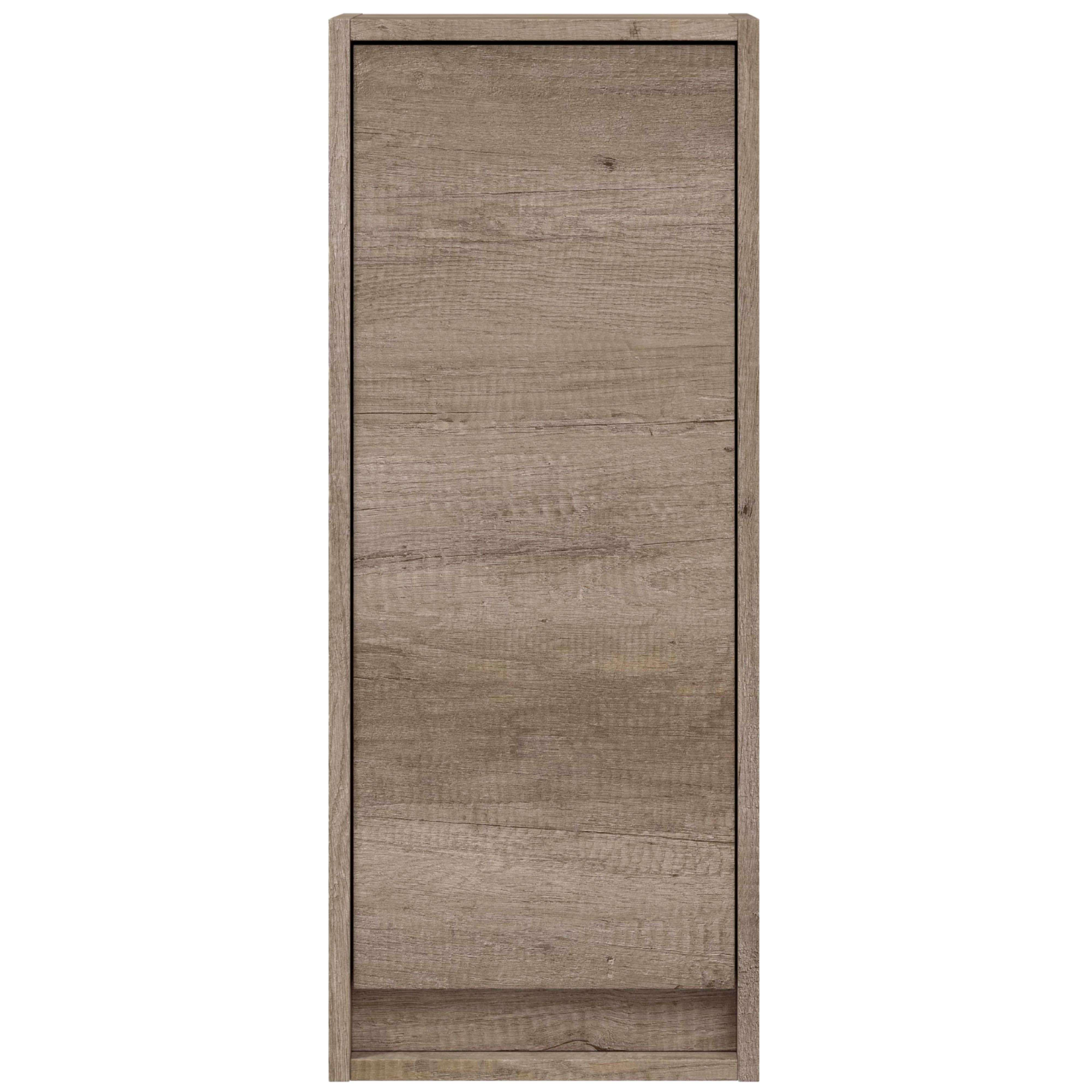 Un mueble alto y estrecho con acabado de veta de madera gris y marrón.