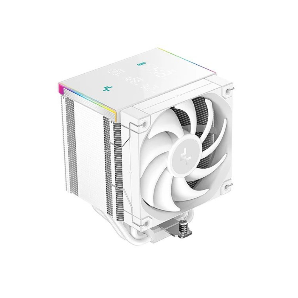 Un enfriador de CPU blanco con detalles RGB, ventilador y aletas.