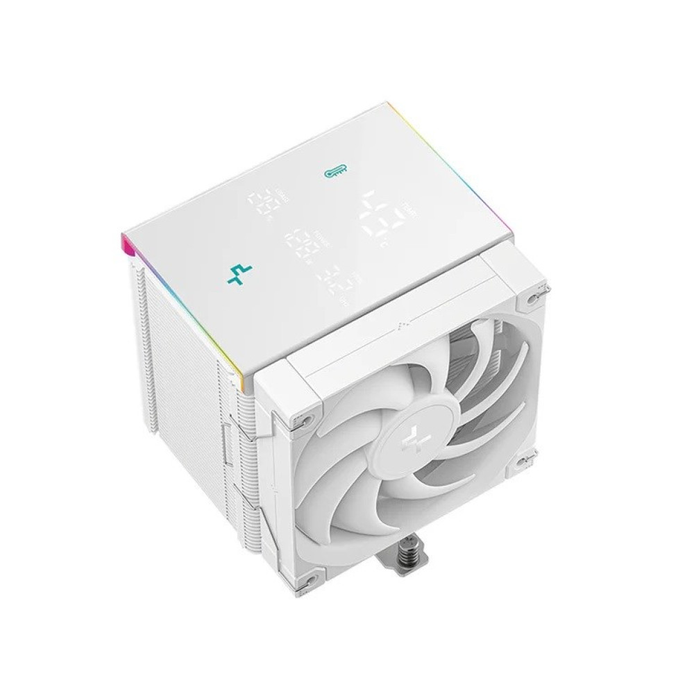 Un enfriador de CPU blanco con ventilador y pantalla digital, aislado sobre fondo blanco.