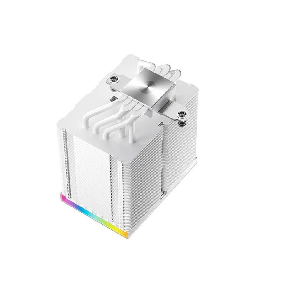 Refrigerador de CPU blanco con heatpipes y tira LED arcoíris abajo.