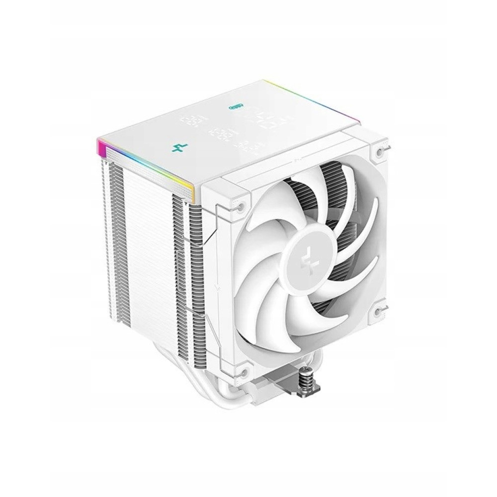 Disipador de CPU blanco para ordenador con ventilador e iluminación RGB en la parte superior.