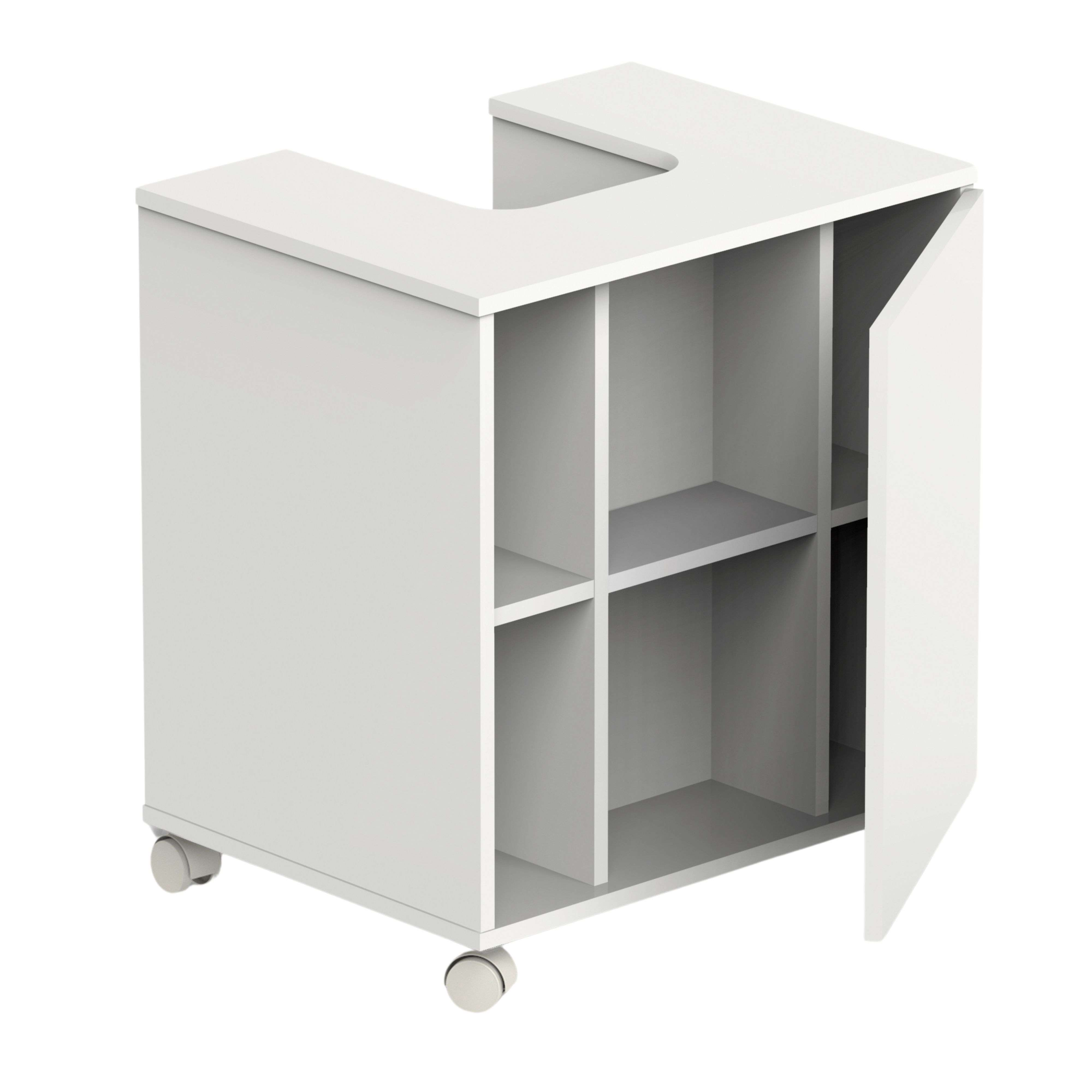 Un armario blanco con ruedas, compartimentos abiertos y una puerta abierta.