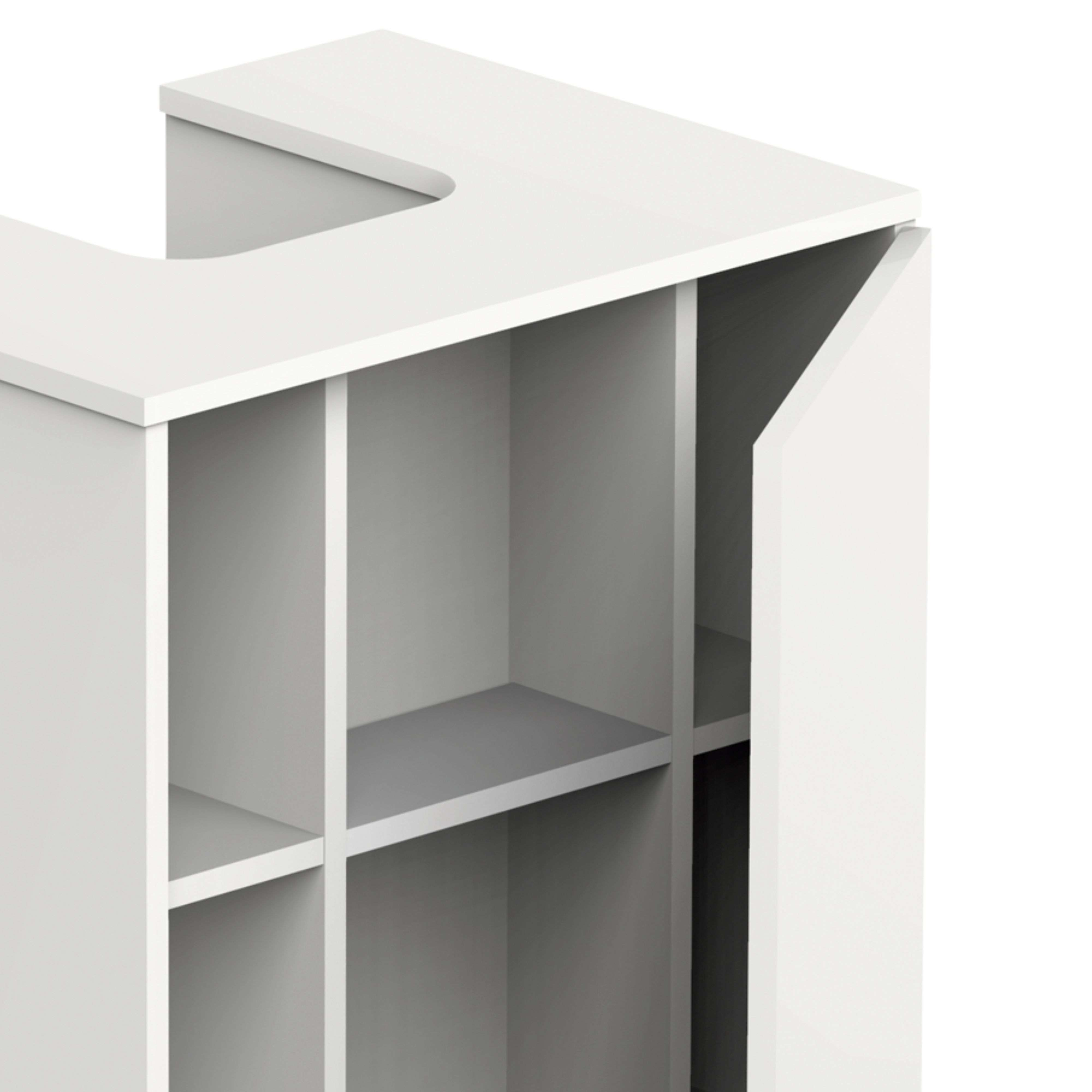 Un mueble blanco con estantes abiertos y una puerta.