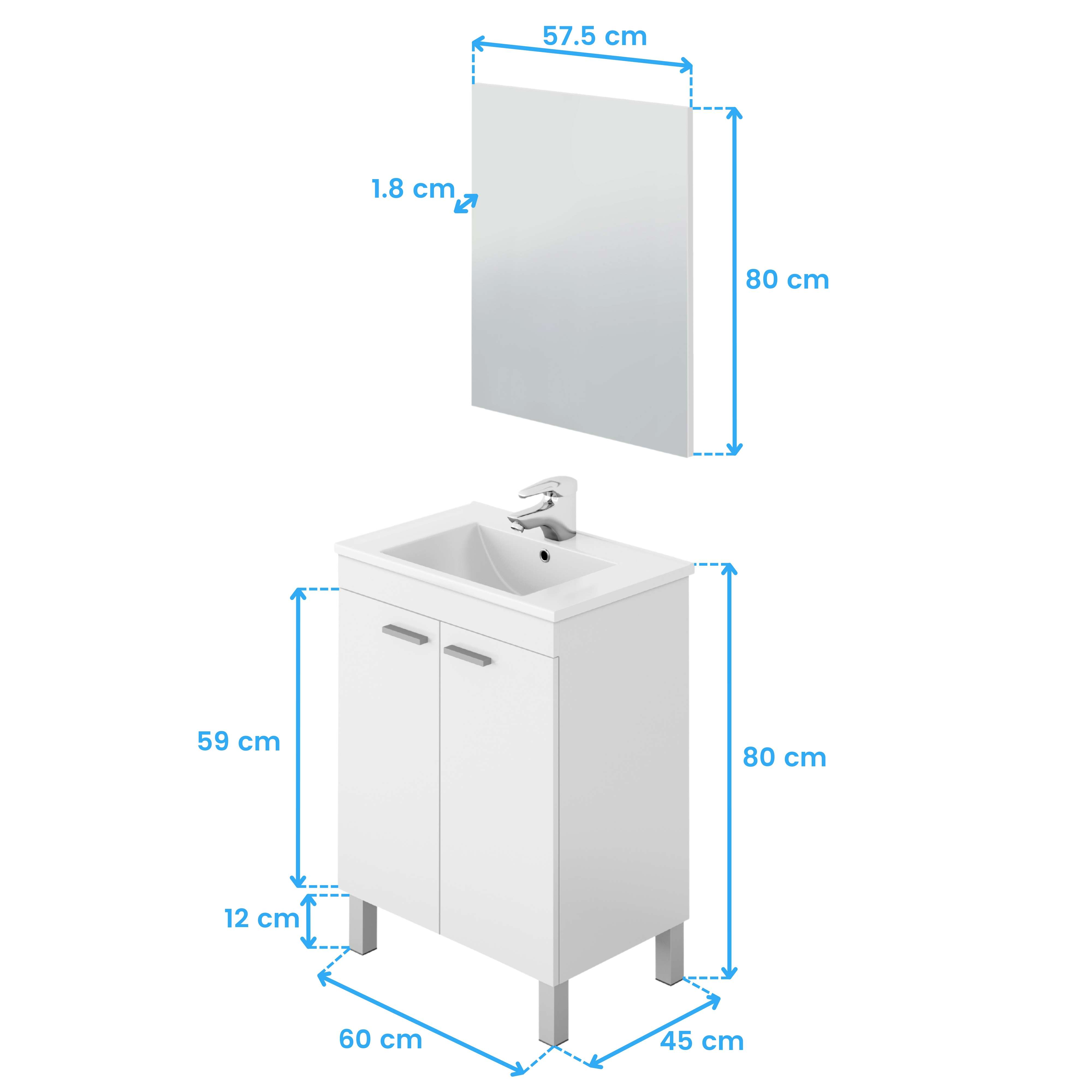 Mueble de lavabo blanco con espejo y medidas.