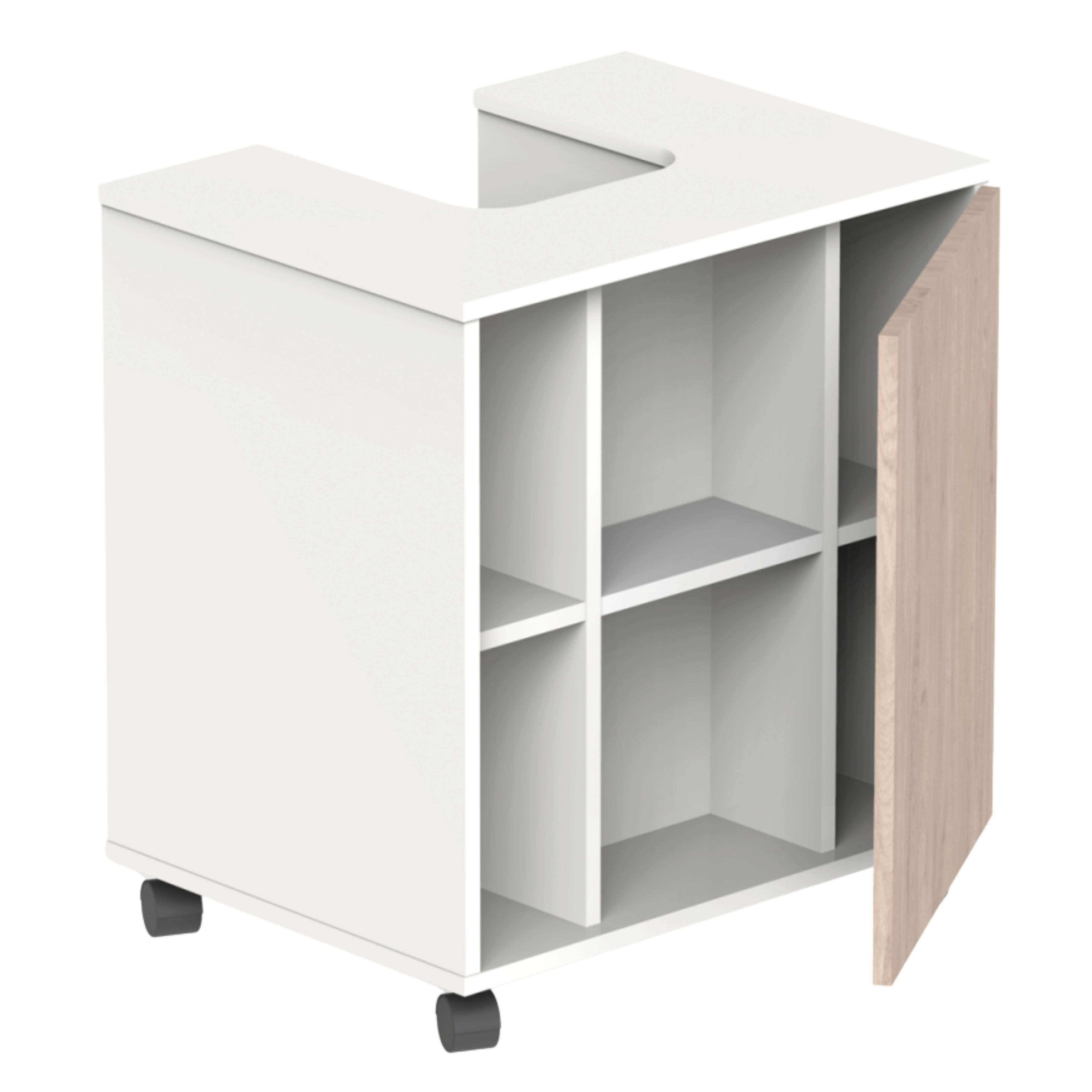 Mueble blanco con ruedas, estantes abiertos y puerta de madera.