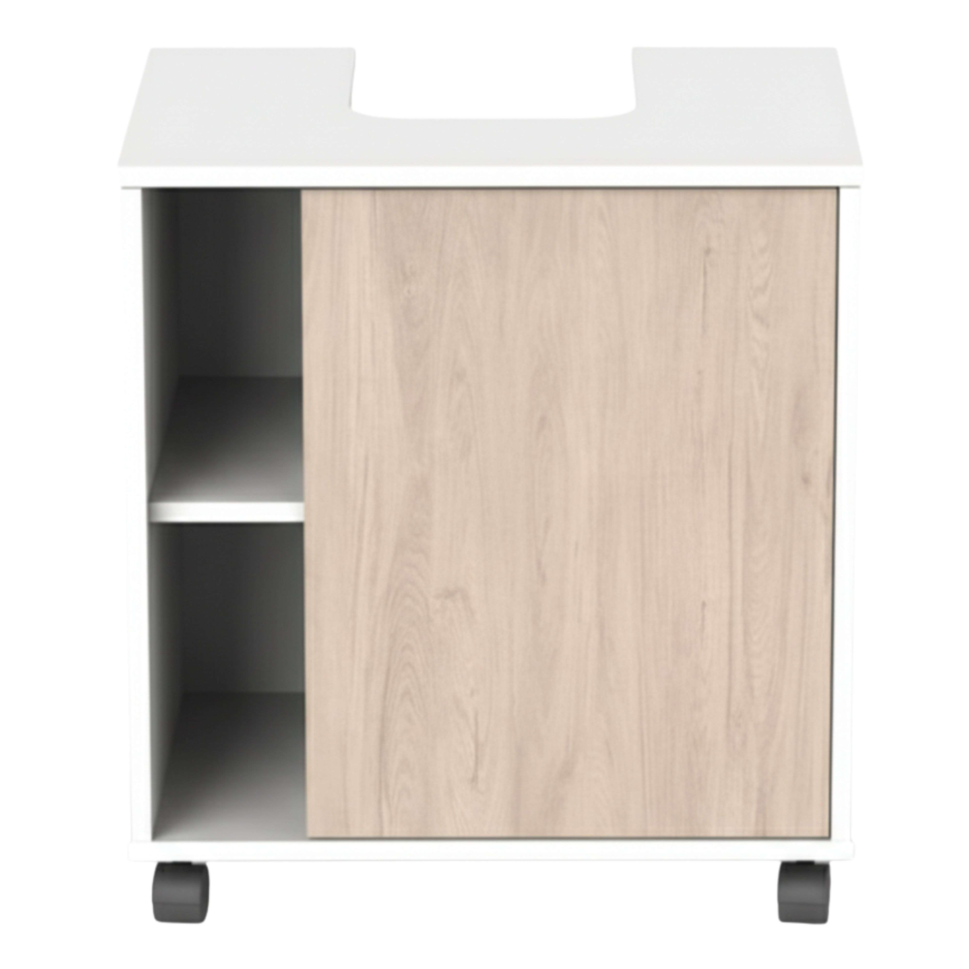 Un mueble blanco con puerta de madera, dos estantes abiertos y ruedas.