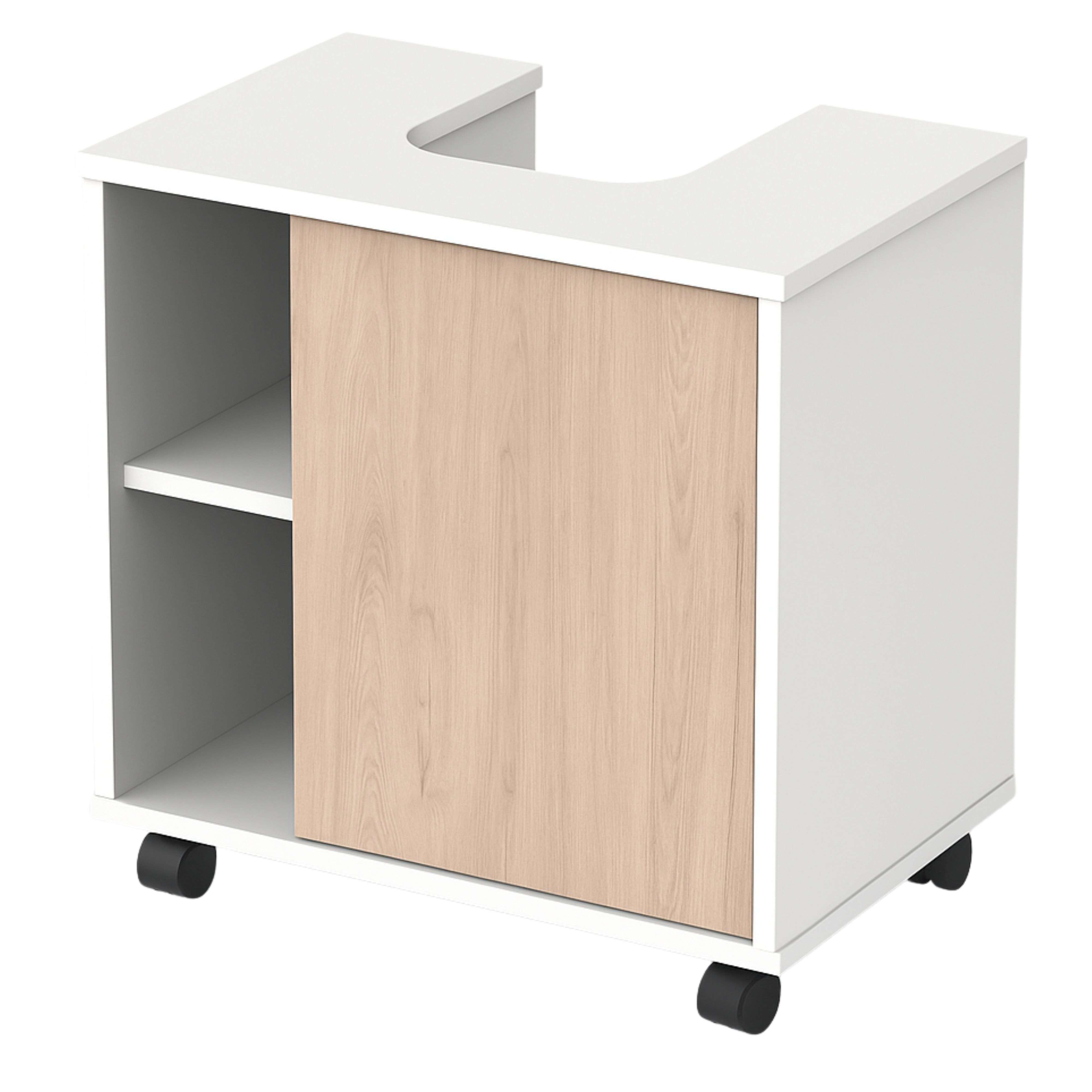 Un mueble blanco con ruedas, puerta de madera y estante abierto.