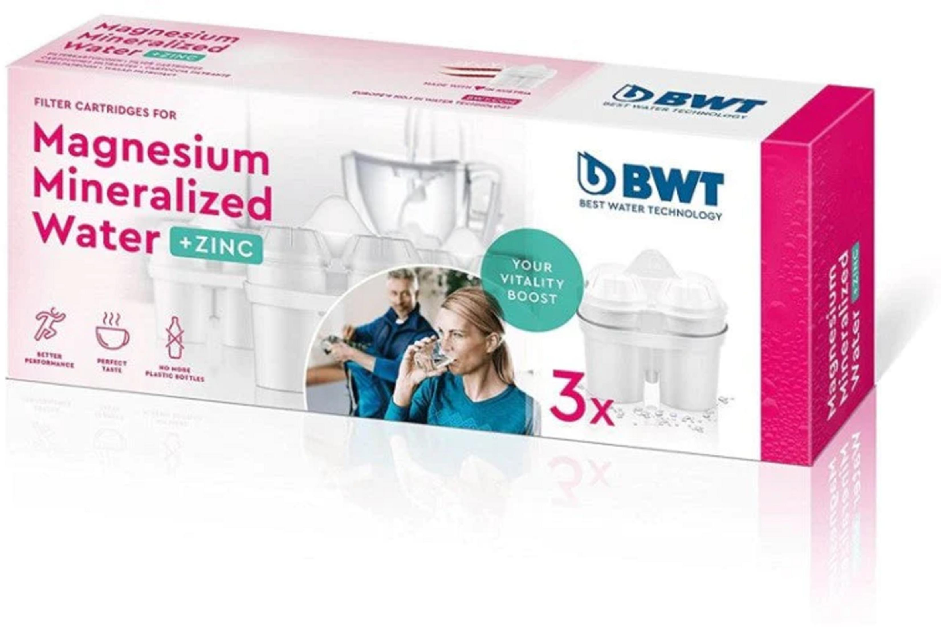 Verpackung von BWT Magnesium Mineralized Water Filterkartuschen mit 3x Filtern.
