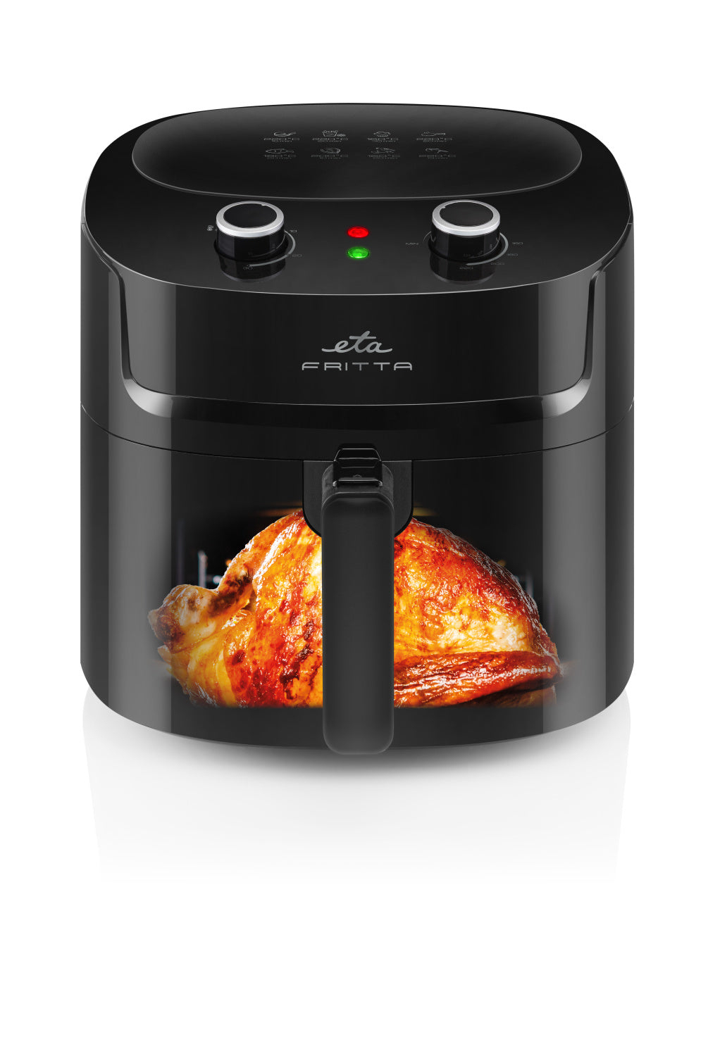 Friggitrice ad aria nera con pollo arrosto all'interno.