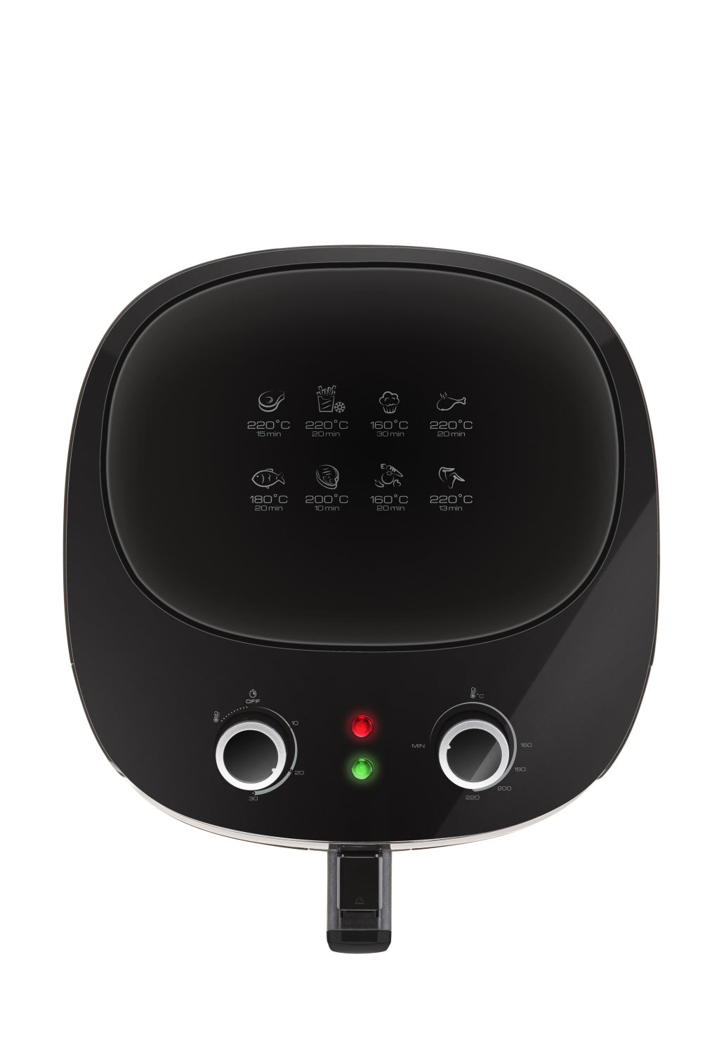Friggitrice ad aria nera con display digitale che mostra icone cibo, temperature e tempi.