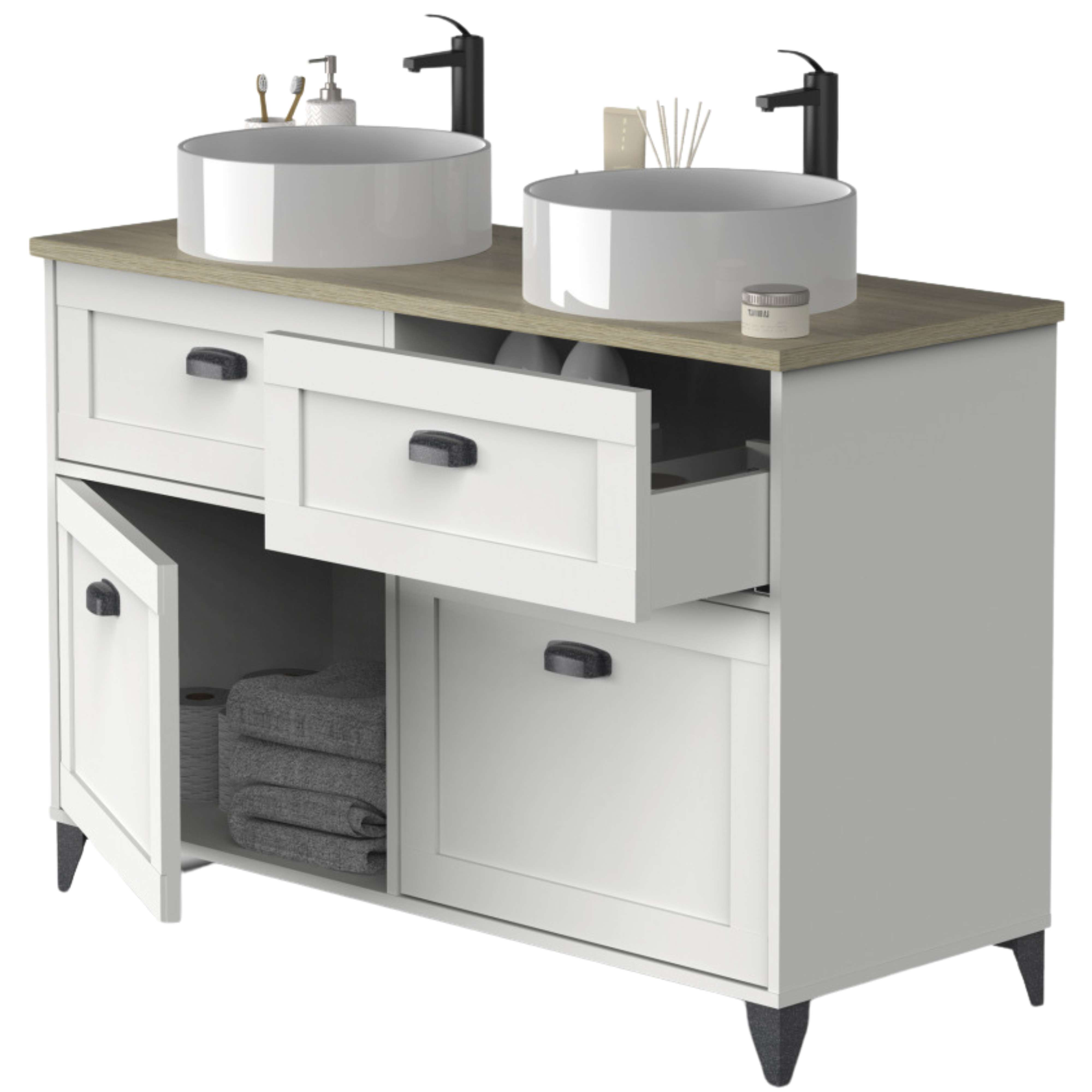 Un mueble de baño blanco con dos lavabos y grifos negros.