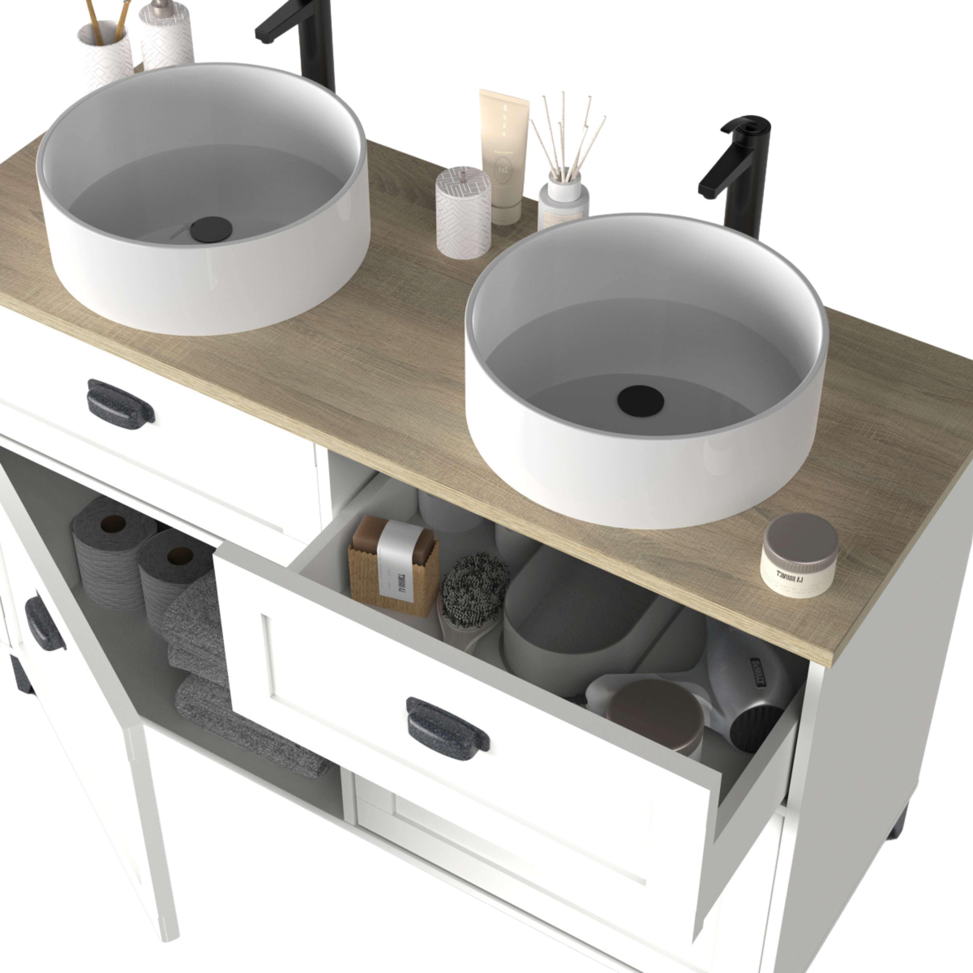 Doble lavabo con grifos negros sobre encimera de madera, cajones debajo.