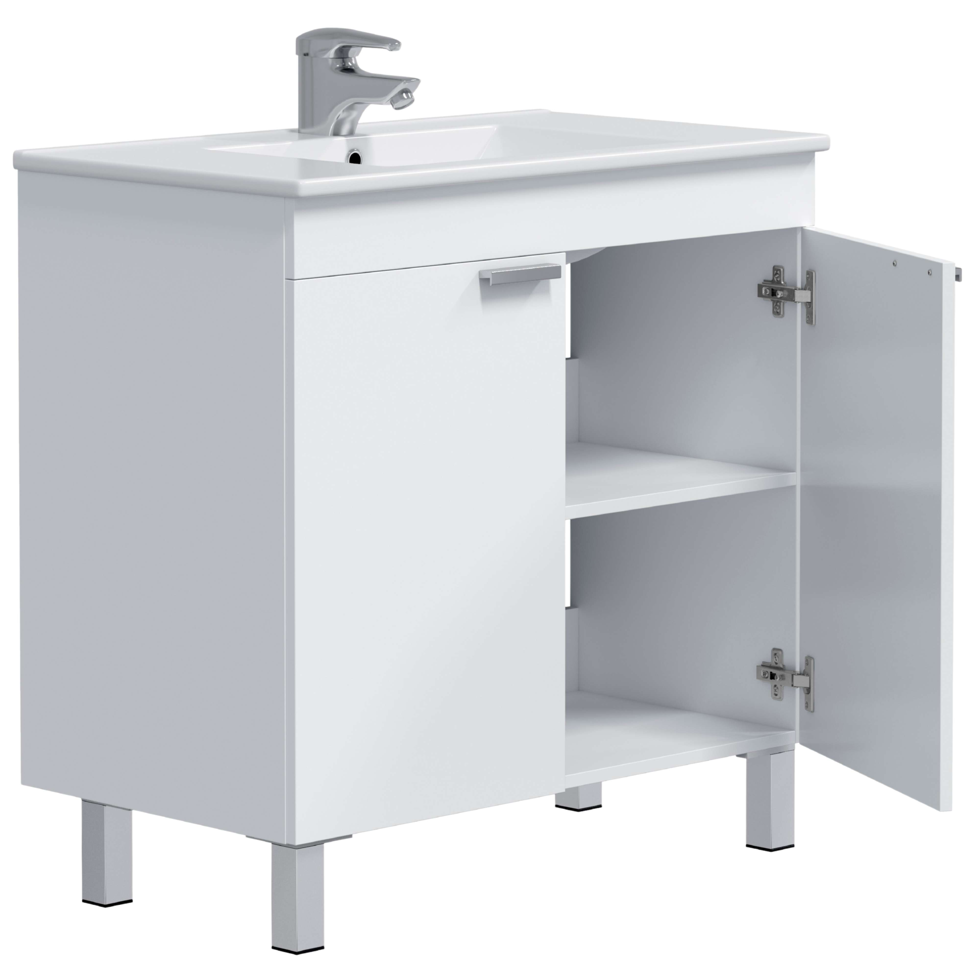 Un mueble de lavabo blanco con una puerta abierta, que revela dos estantes.