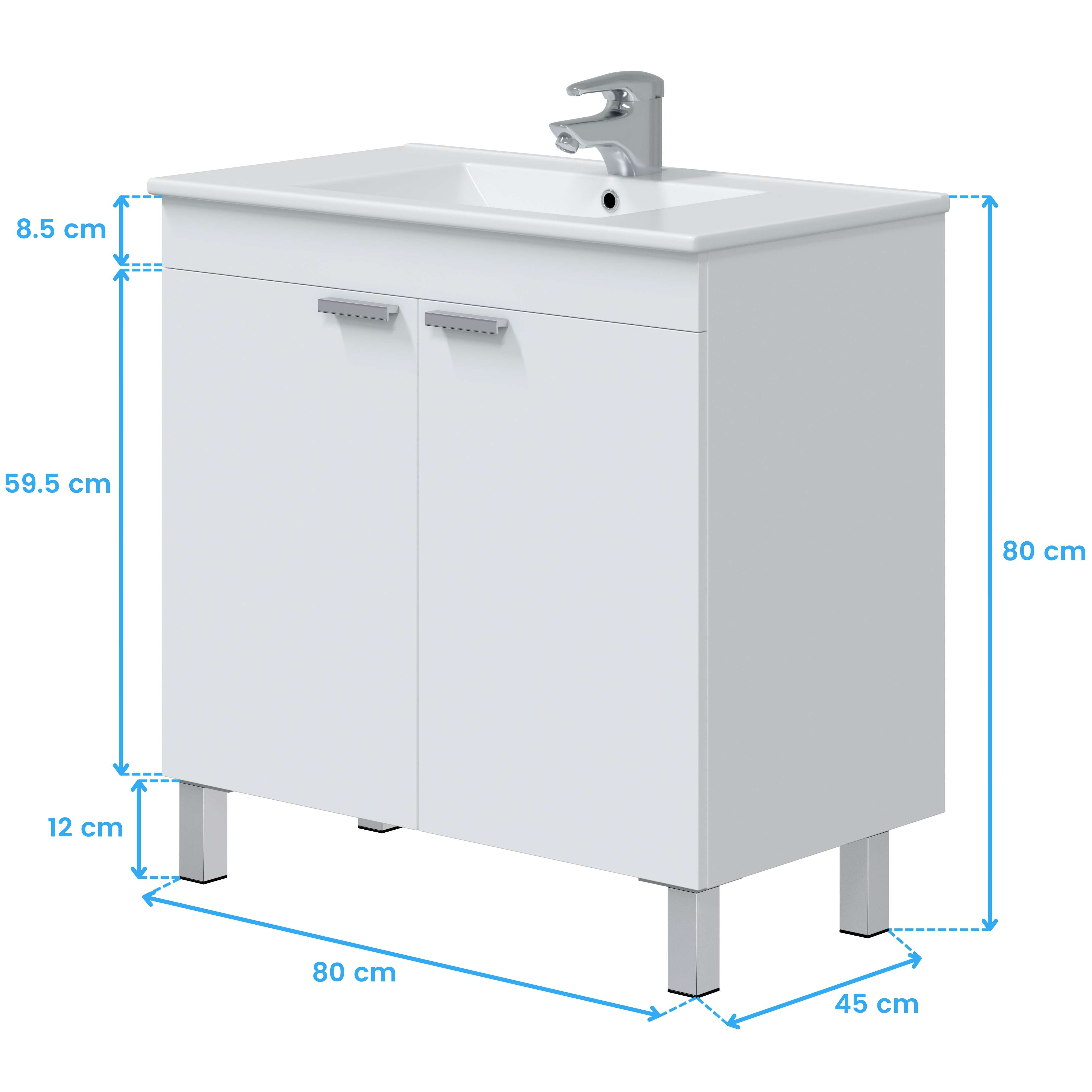Un mueble de lavabo blanco con tiradores cromados y un grifo.