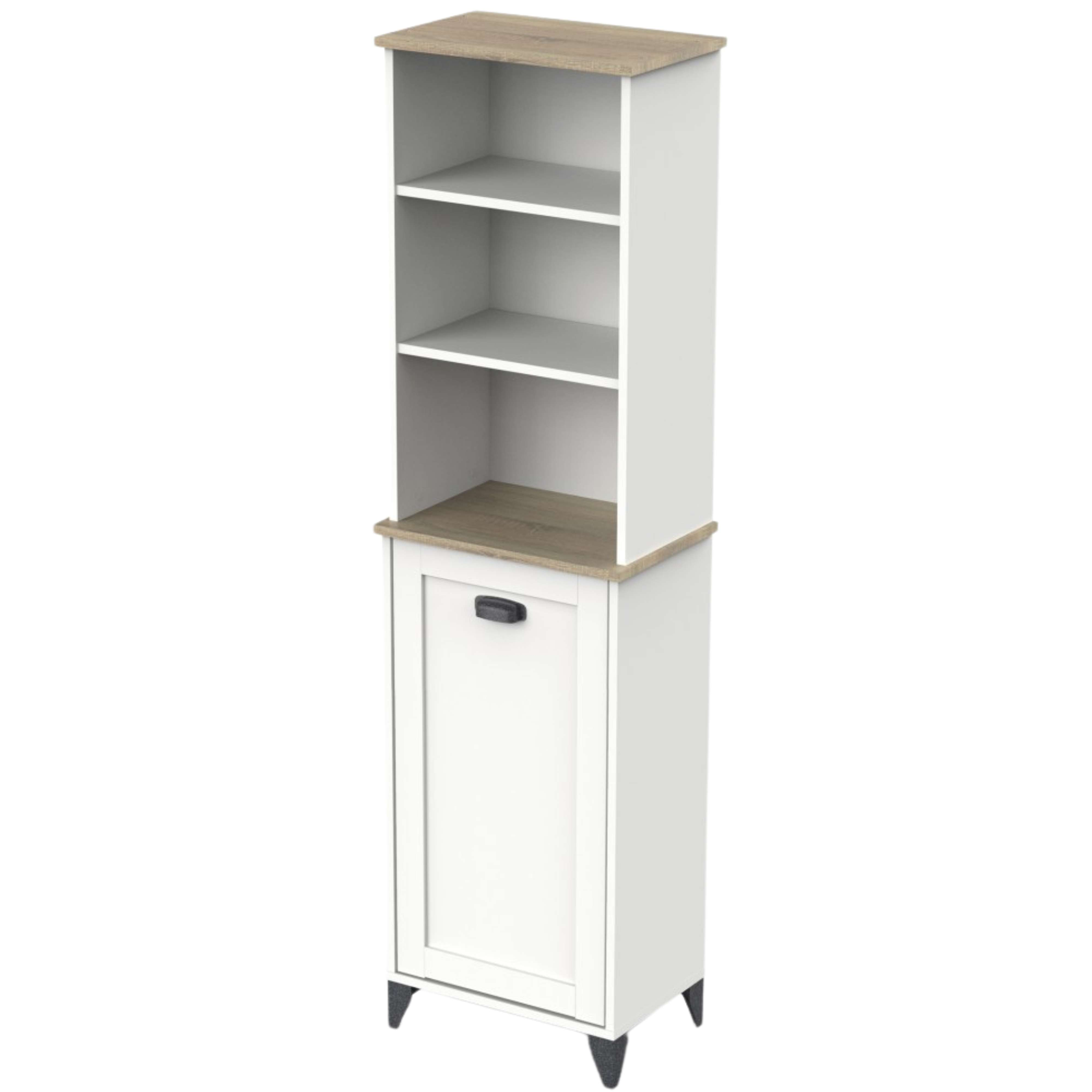 Un mueble blanco alto con tapa de madera, tres estantes y una puerta.