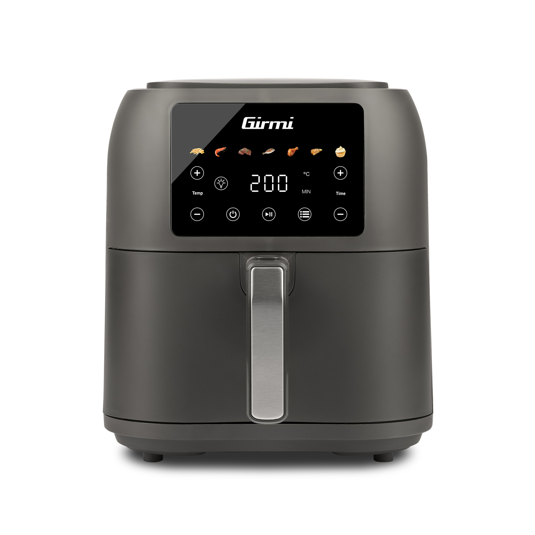 Girmi Heißluftfritteuse mit digitalem Display, zeigt 200°C an. Graues Gehäuse.