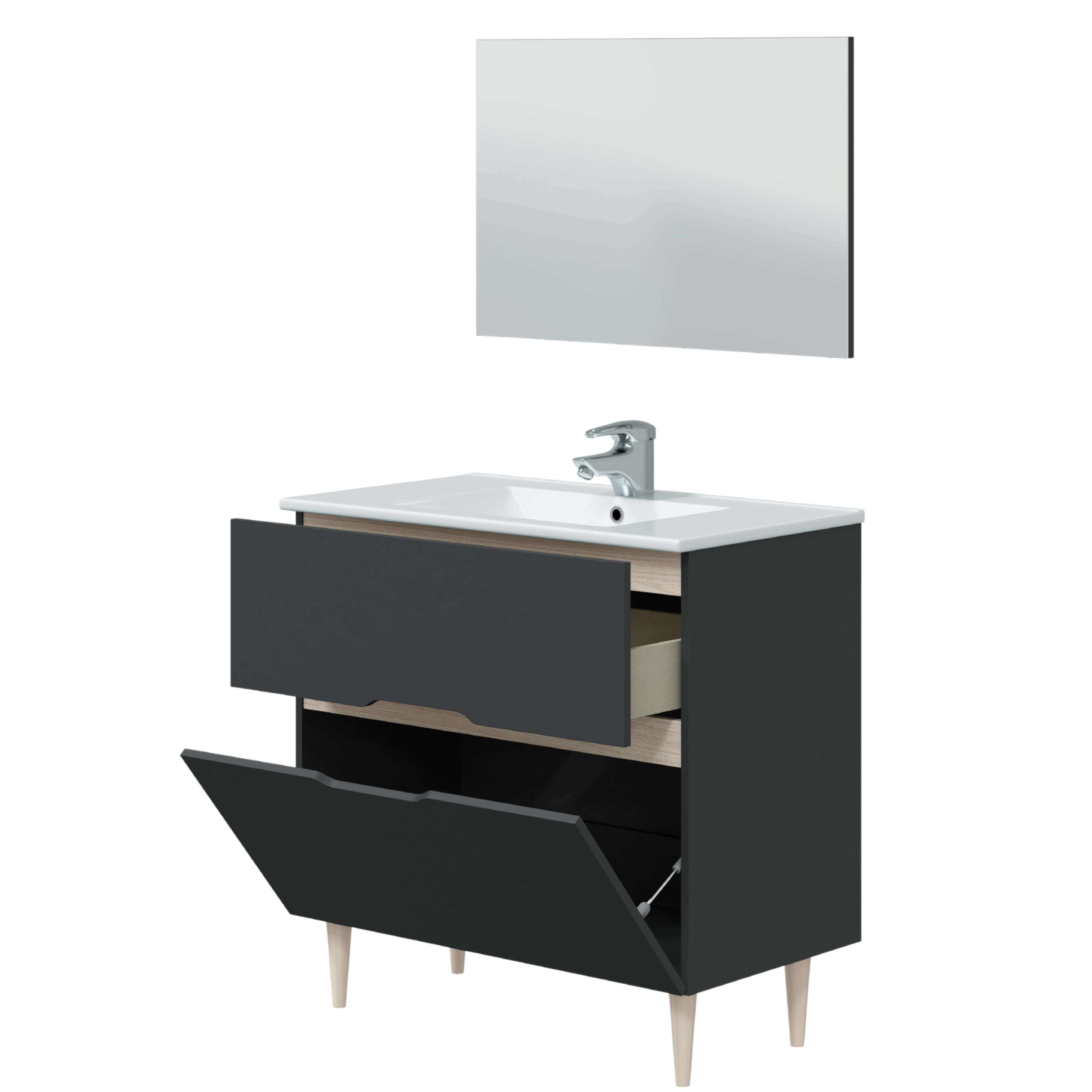 Un mueble de baño oscuro con compartimento abierto, lavabo, grifo y espejo.