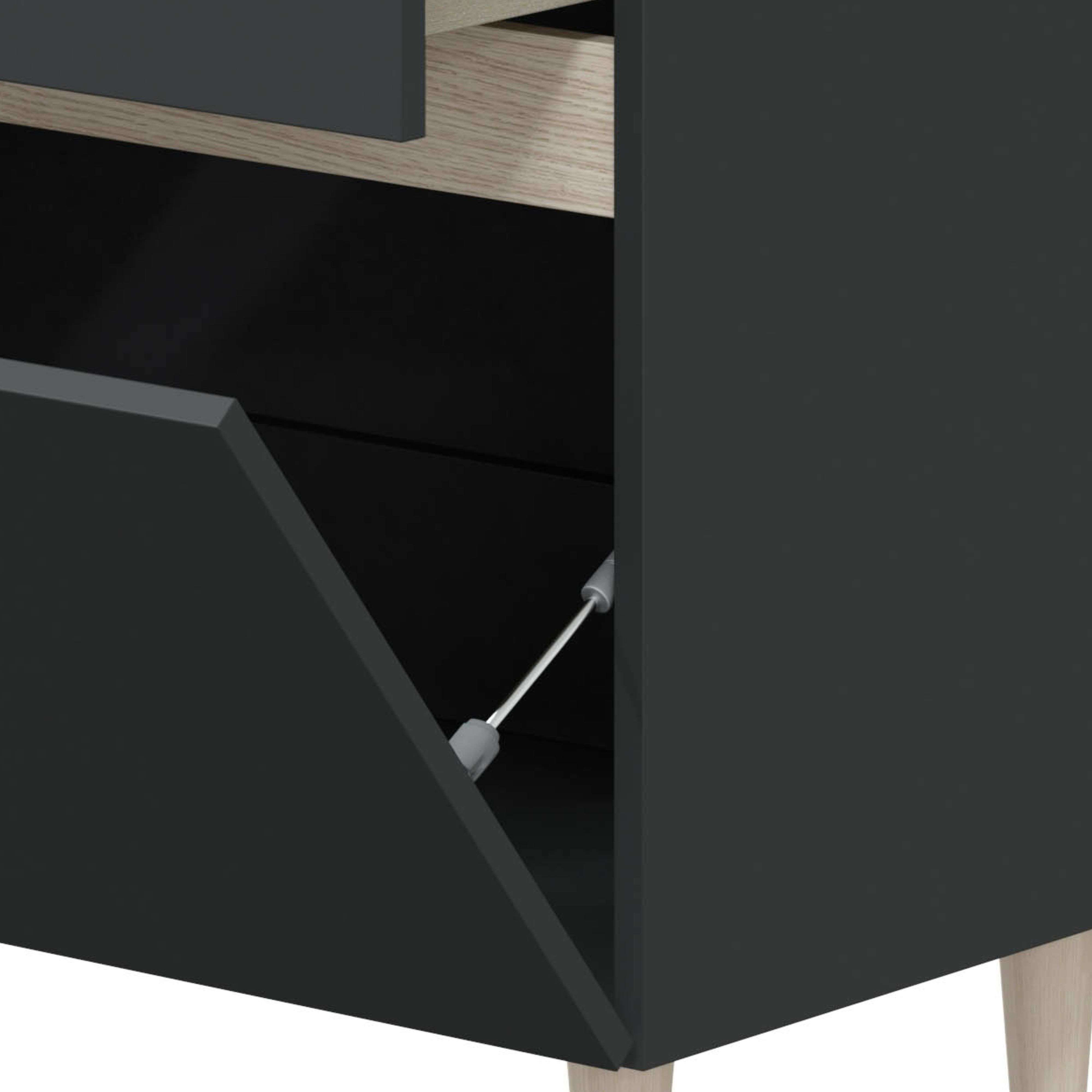 Gabinete gris oscuro con solapa abierta y brazo de soporte plateado.