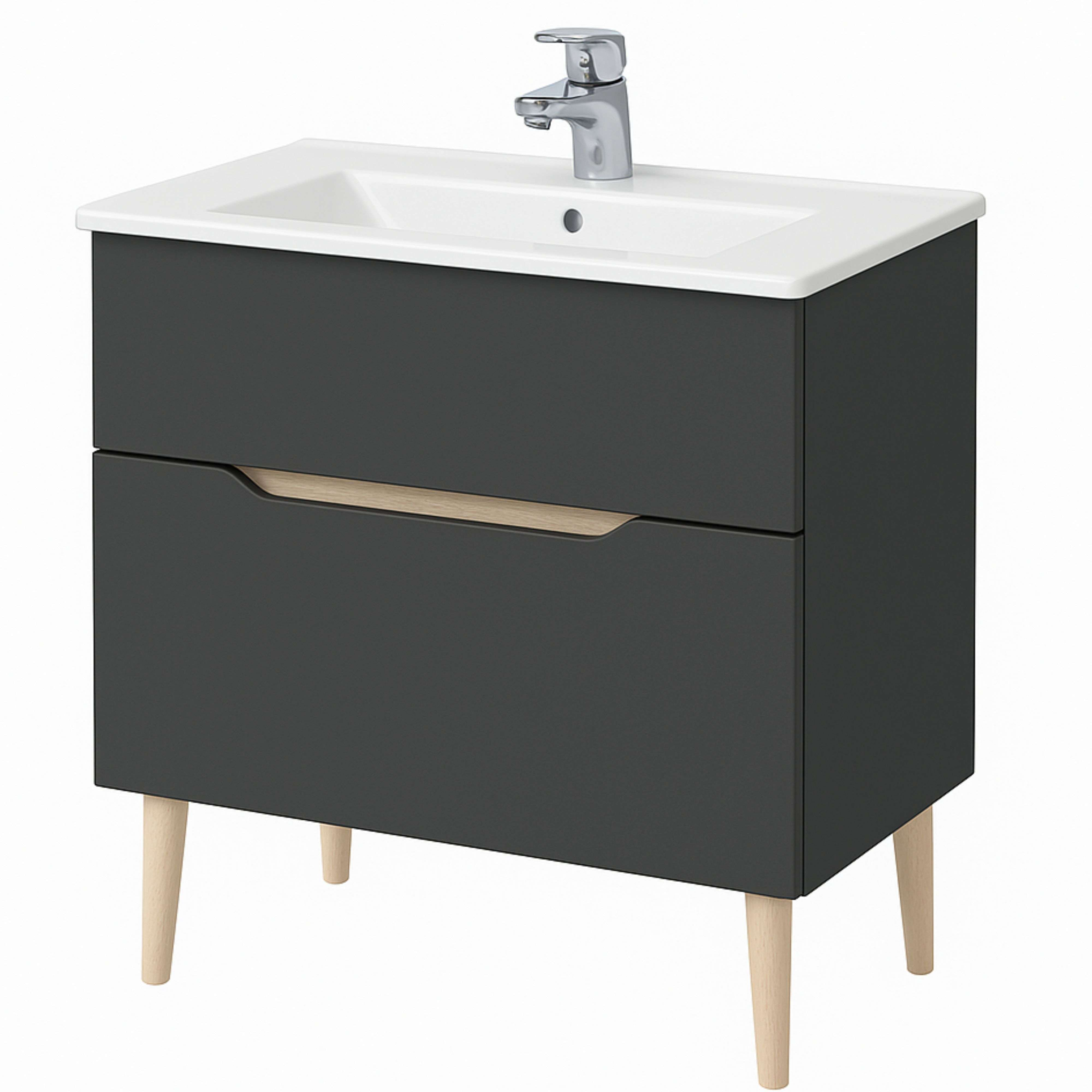 Tocador gris oscuro con acento de madera y tres patas.