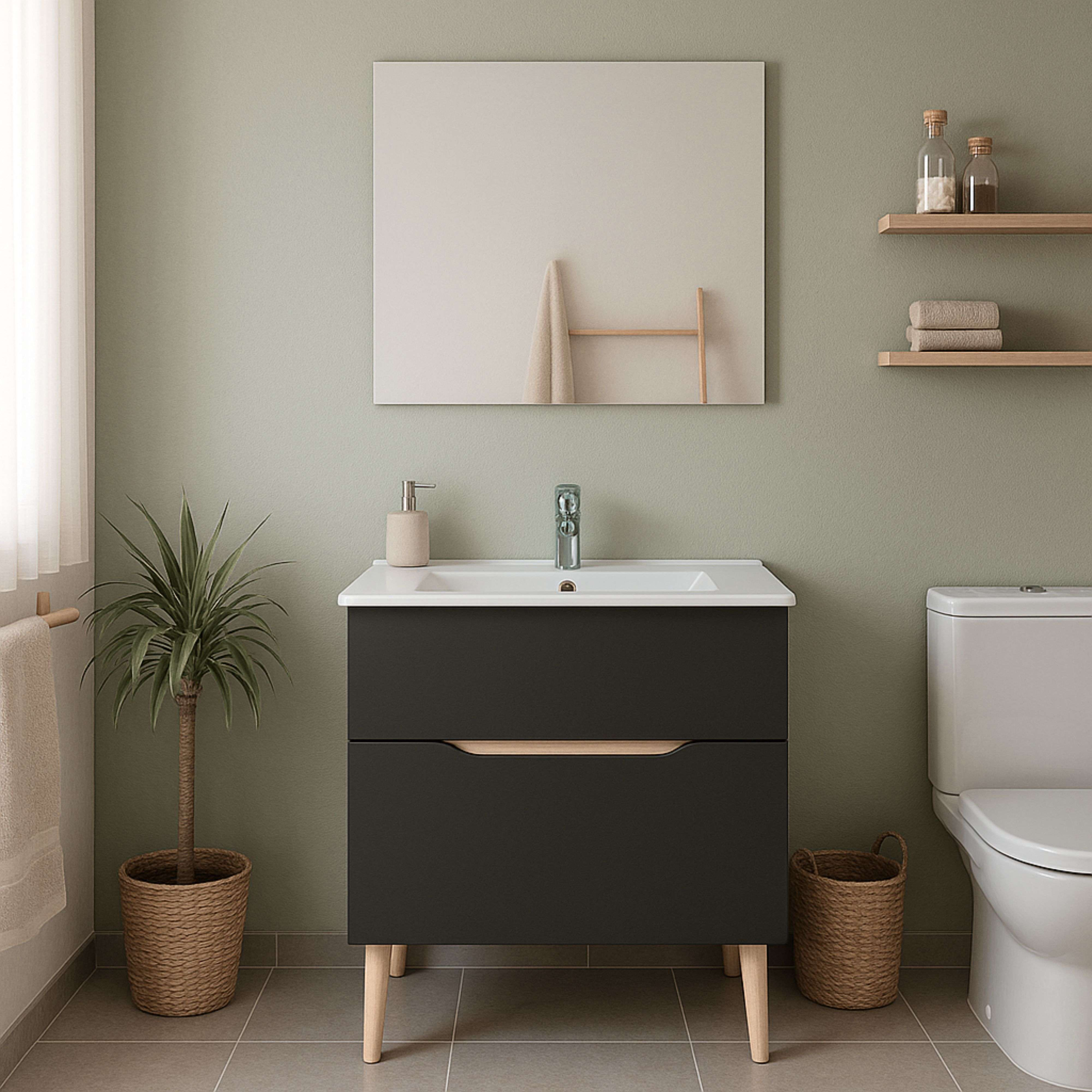 Un baño con tocador oscuro, inodoro blanco, espejo y planta.