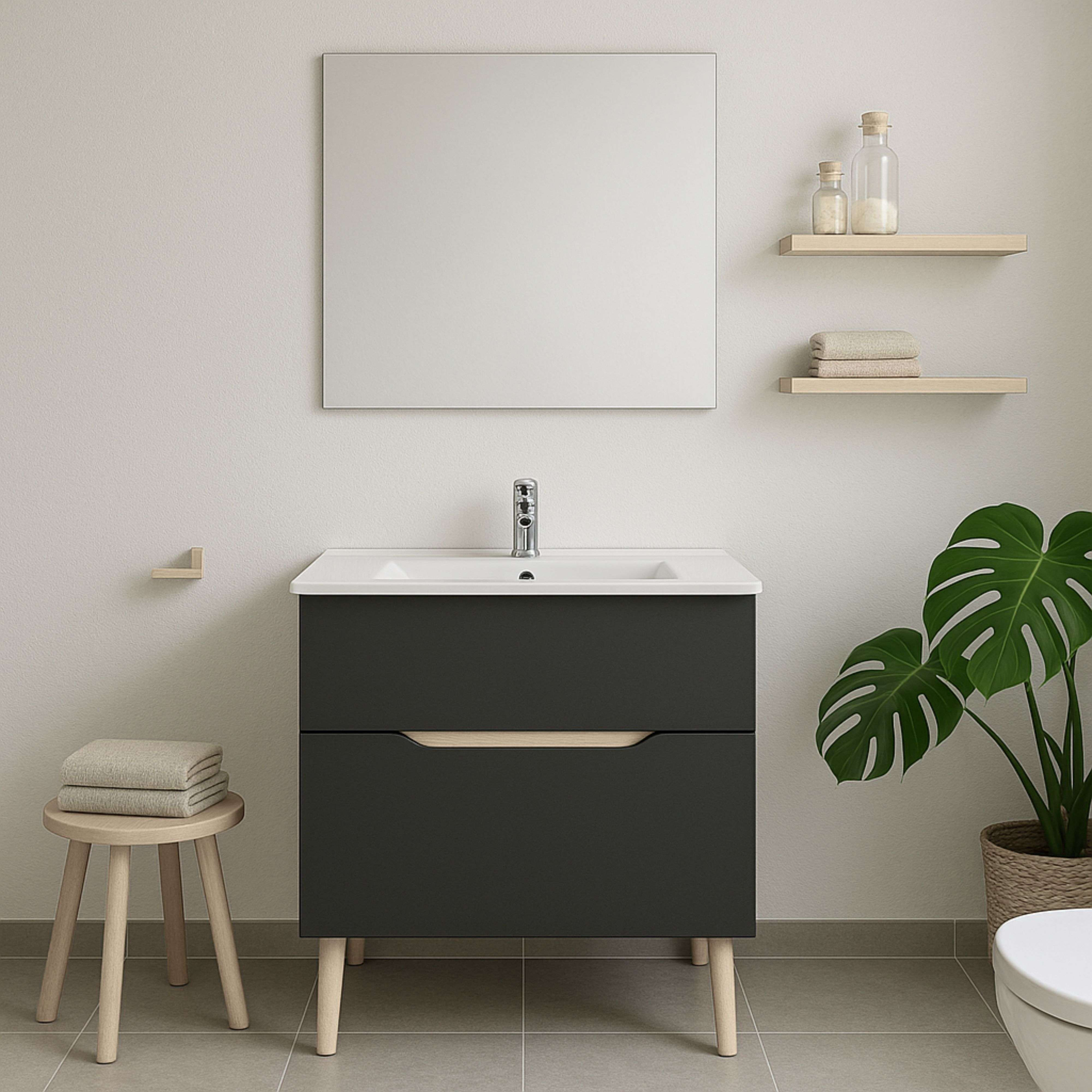 Un baño moderno con tocador oscuro, espejo, estante, planta y taburete.