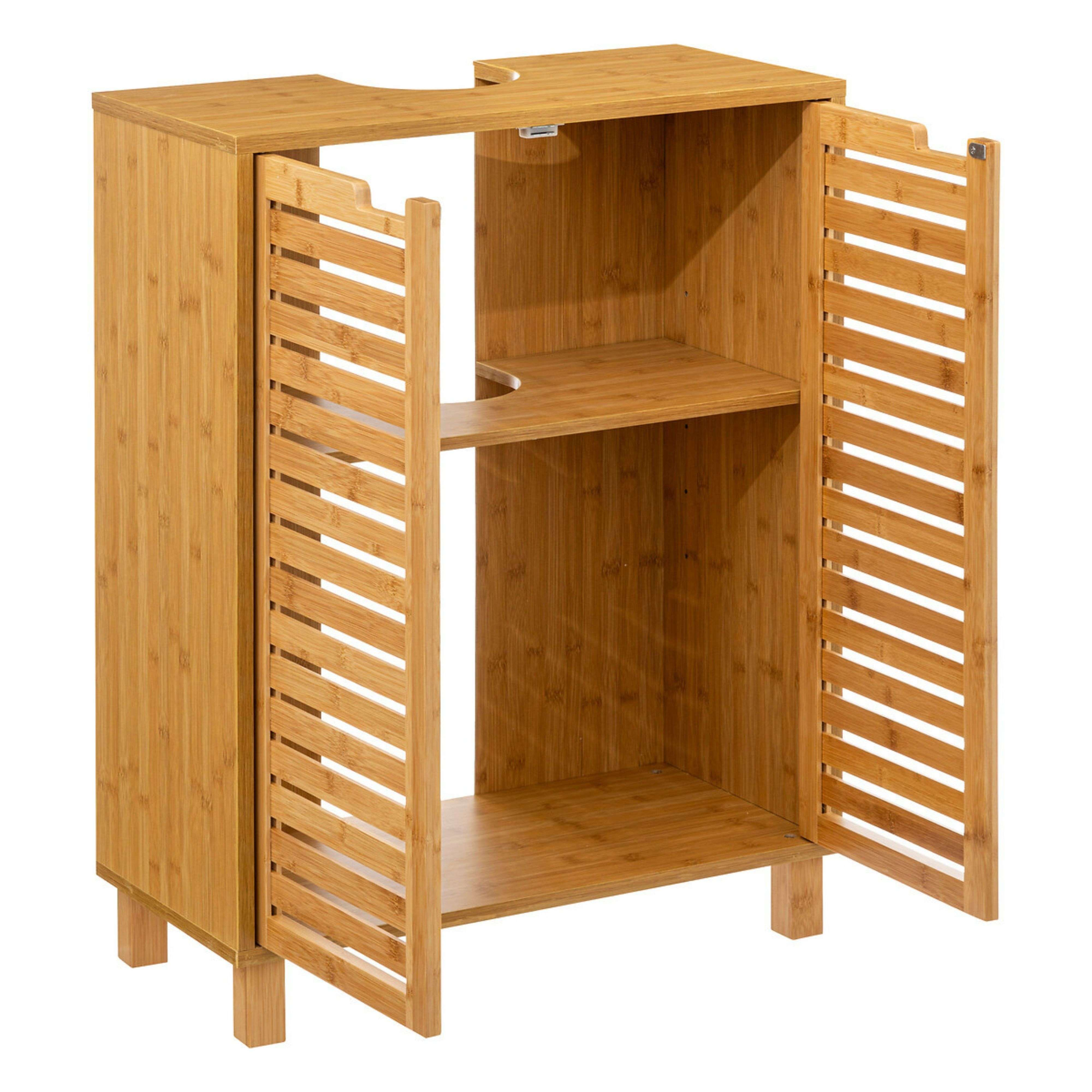 Mueble de baño de bambú con dos puertas y dos estantes abiertos.