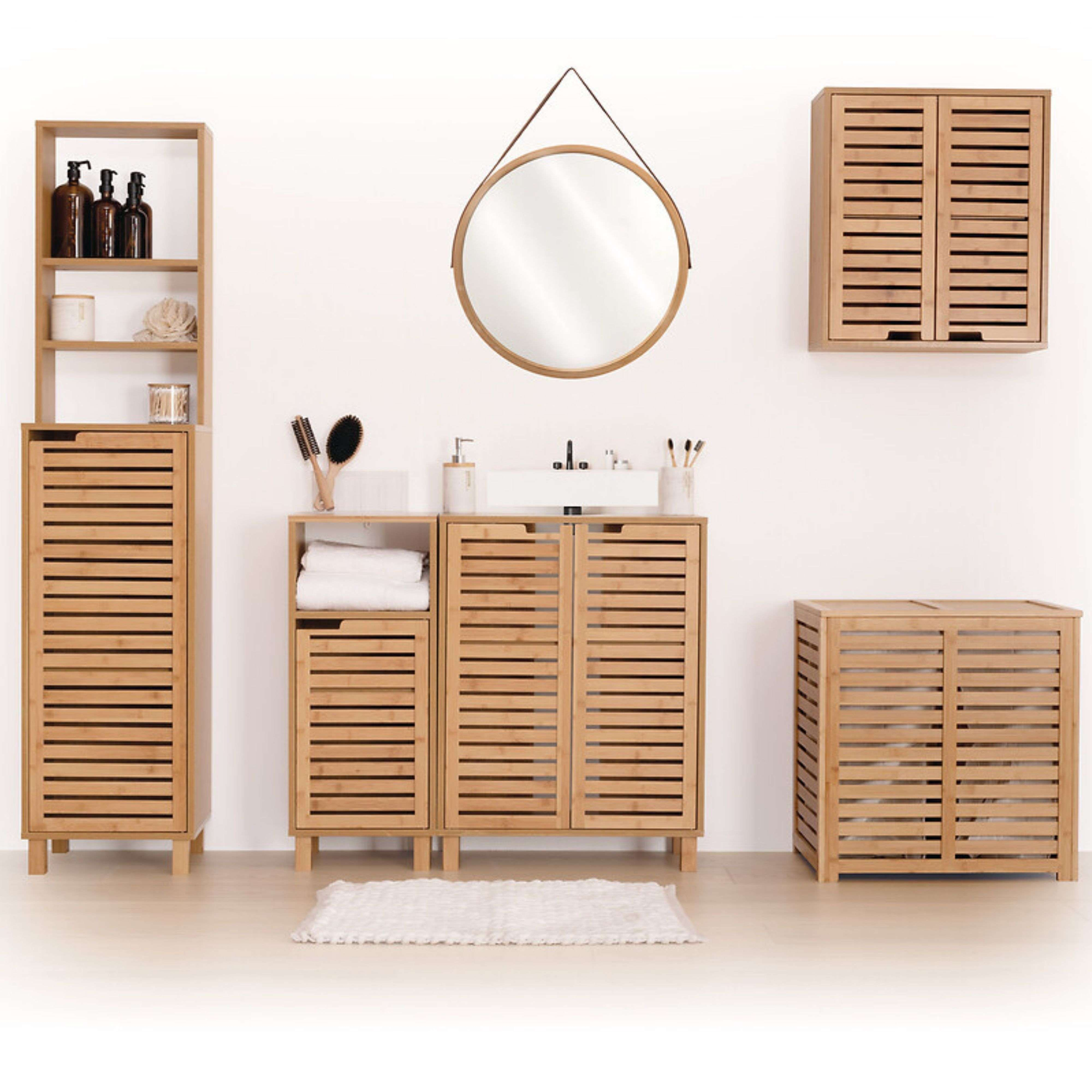Muebles de baño de bambú: armario alto, mueble de lavabo, estante pared, espejo.
