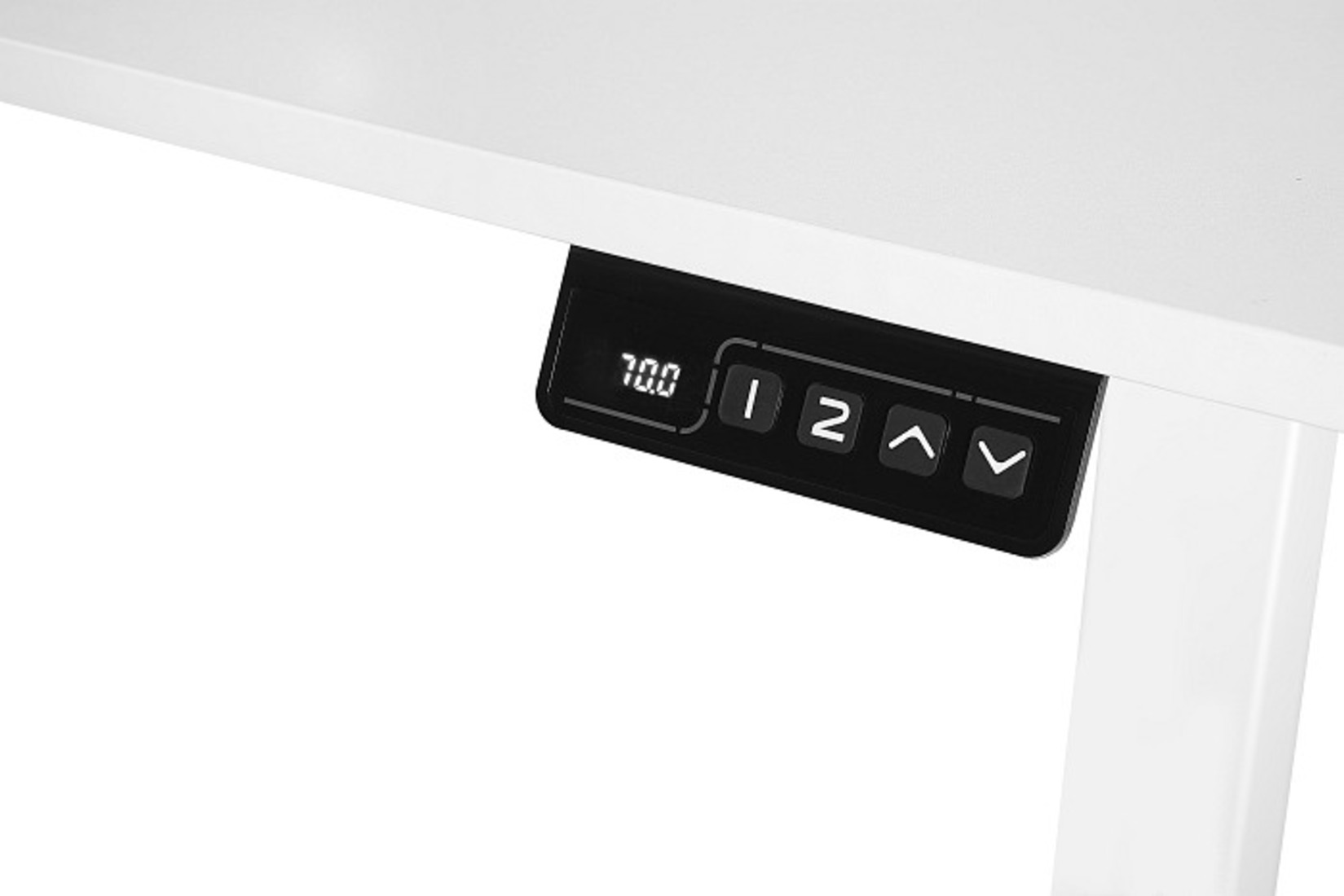 Panel sterowania białego biurka z cyframi 70.0, 1, 2 i przyciskami strzałek.