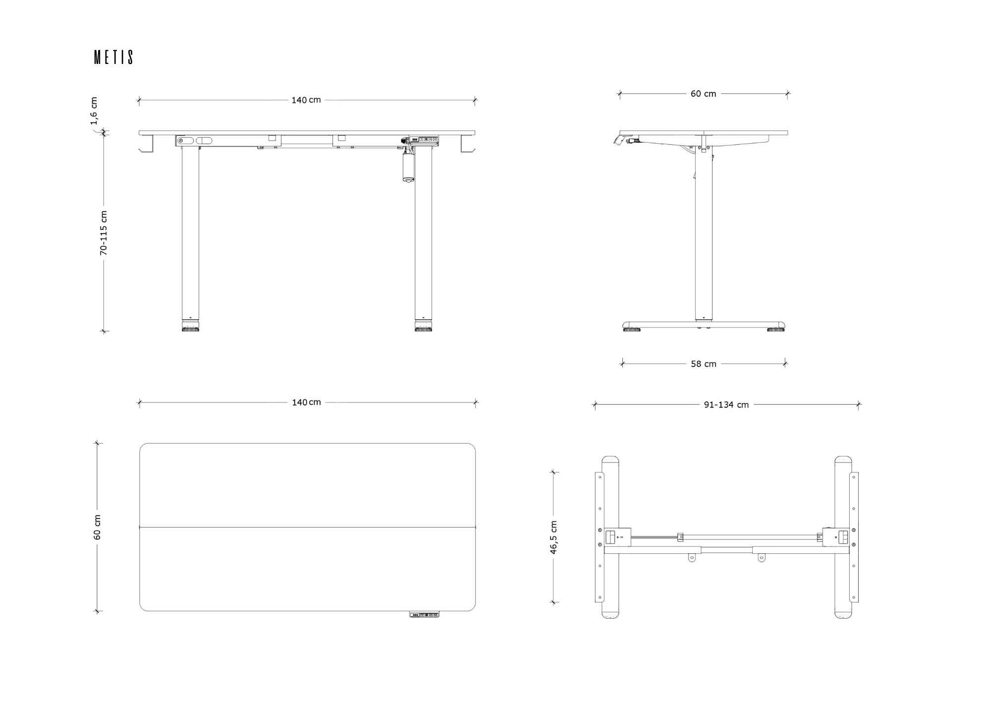 Rysunek techniczny biurka z regulacją wysokości z wymiarami.