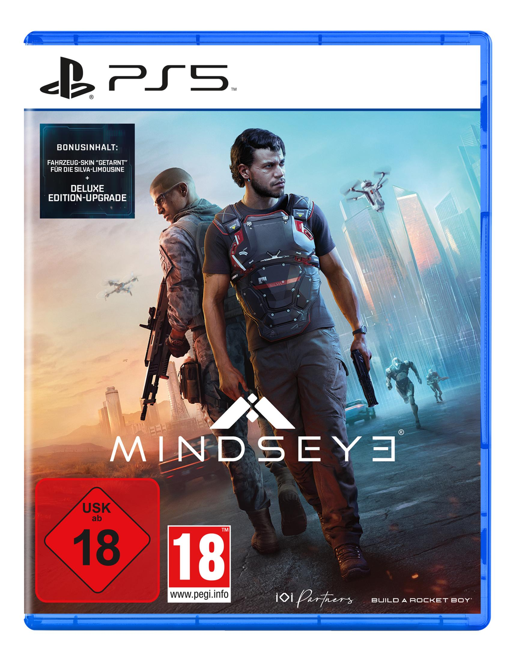 Copertina PS5: Due soldati con armi davanti a skyline, droni e robot