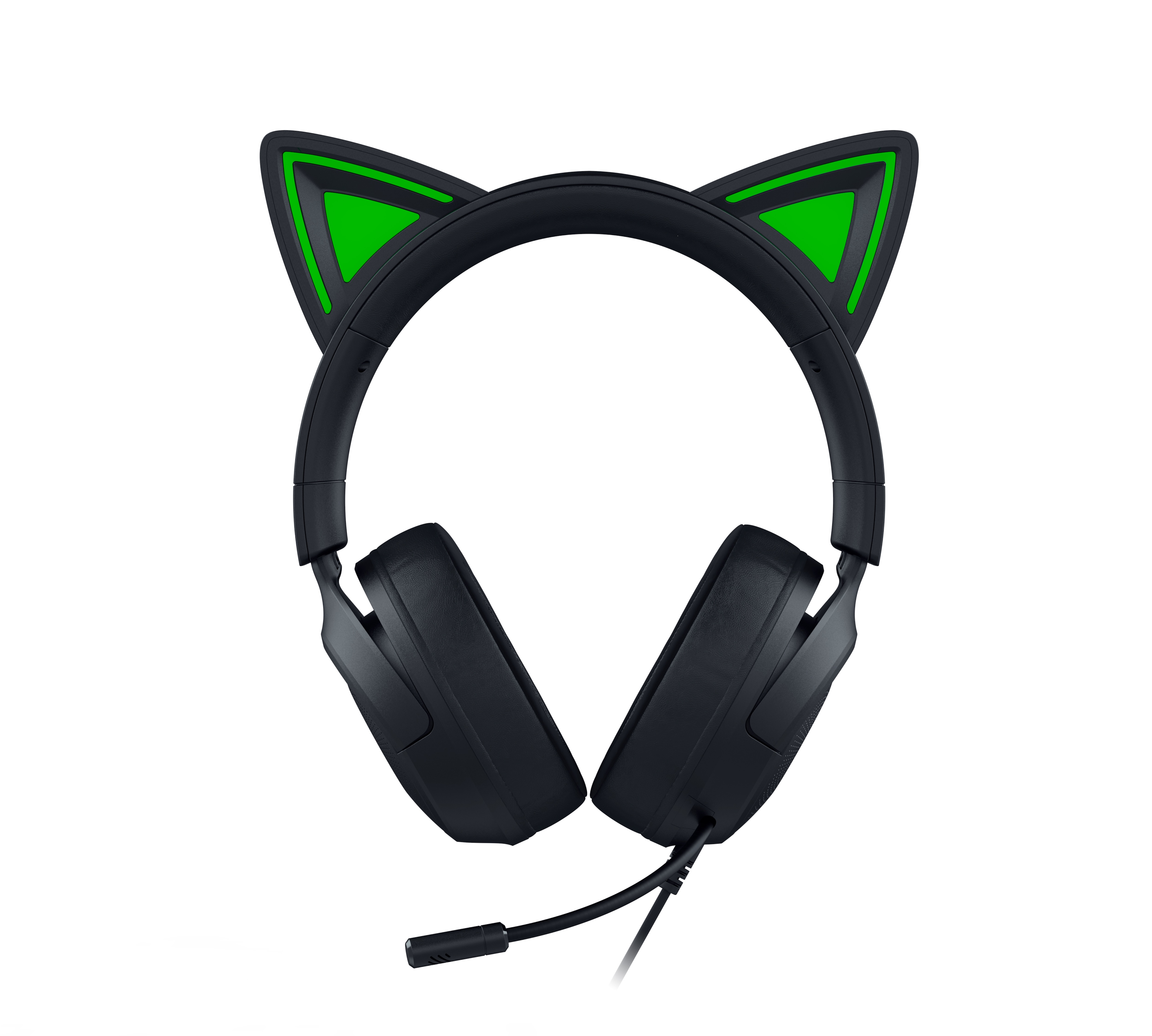Cuffie nere con orecchie da gatto verdi e microfono.