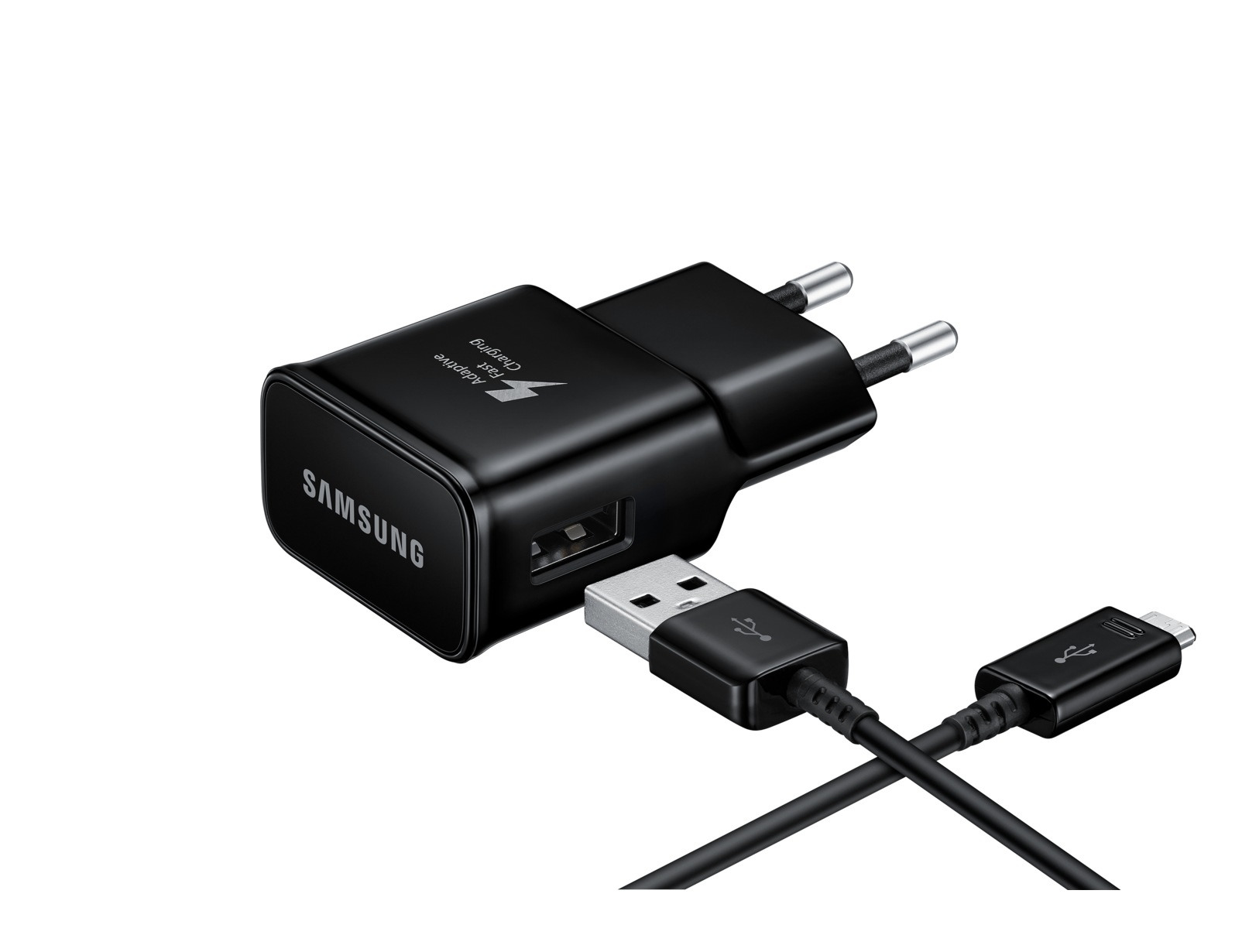 Schwarzes Samsung Ladegerät mit USB-Anschluss und Kabel.