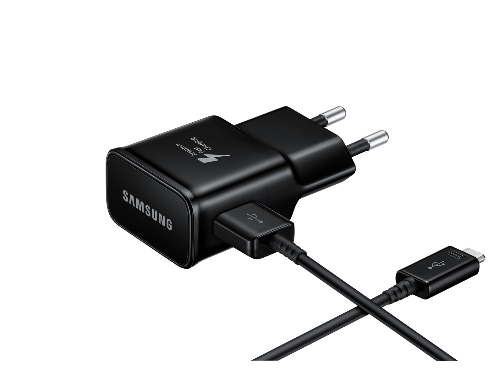 Schwarzes Samsung Schnellladegerät mit USB-Kabel und Lightning-Symbol.