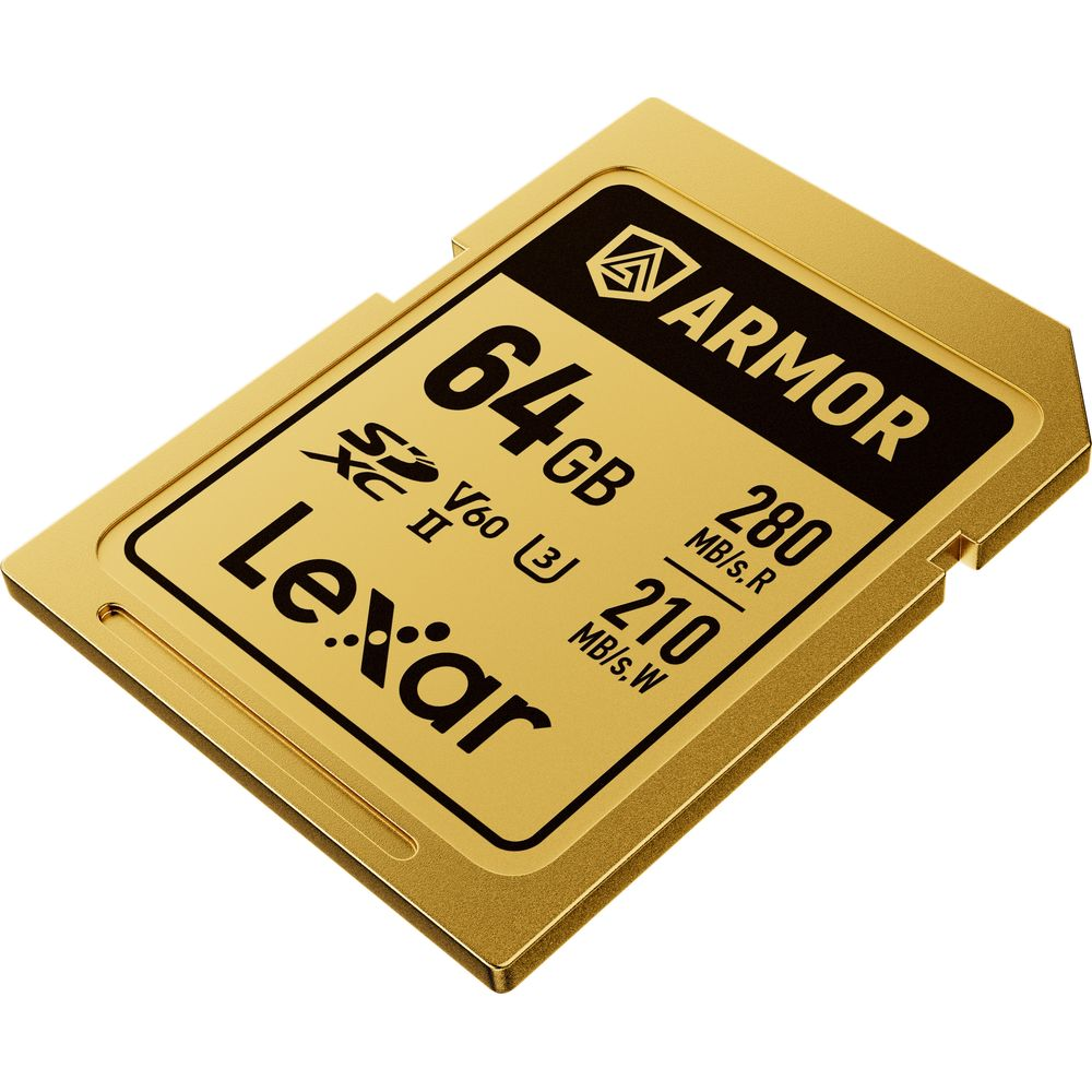 Gouden Lexar 64GB SDXC II V60 geheugenkaart met ARMOR-logo. Lezen 280MB/s, Schrijven 210MB/s.