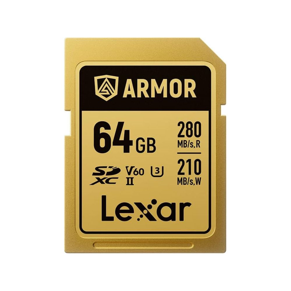 Gouden 64GB Lexar SD-kaart met Armor-logo en snelheidspecificaties.