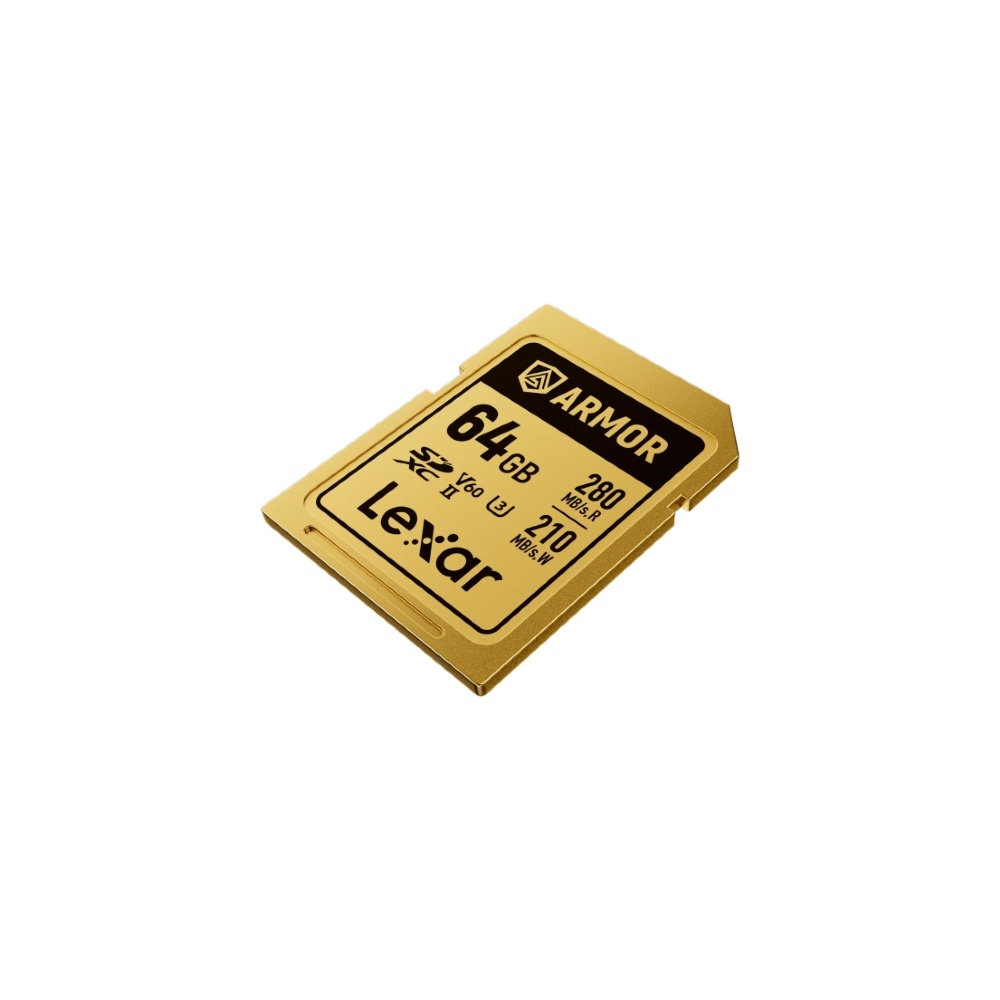 Gouden Lexar 64GB SDXC II geheugenkaart met Armor-logo en snelheidsclassificaties.