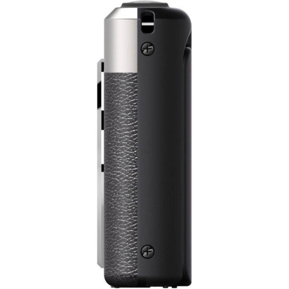 Side view of a black camera with a silver top and textured grip.