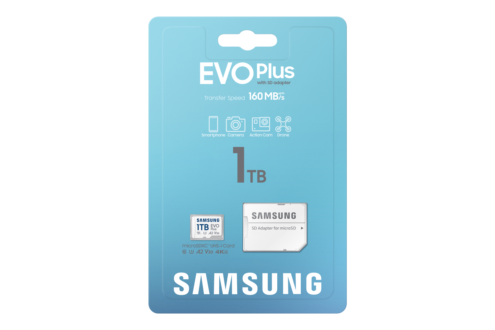 Karta Samsung EVO Plus 1TB microSDXC z adapterem SD. Prędkość transferu 160 MB/s.