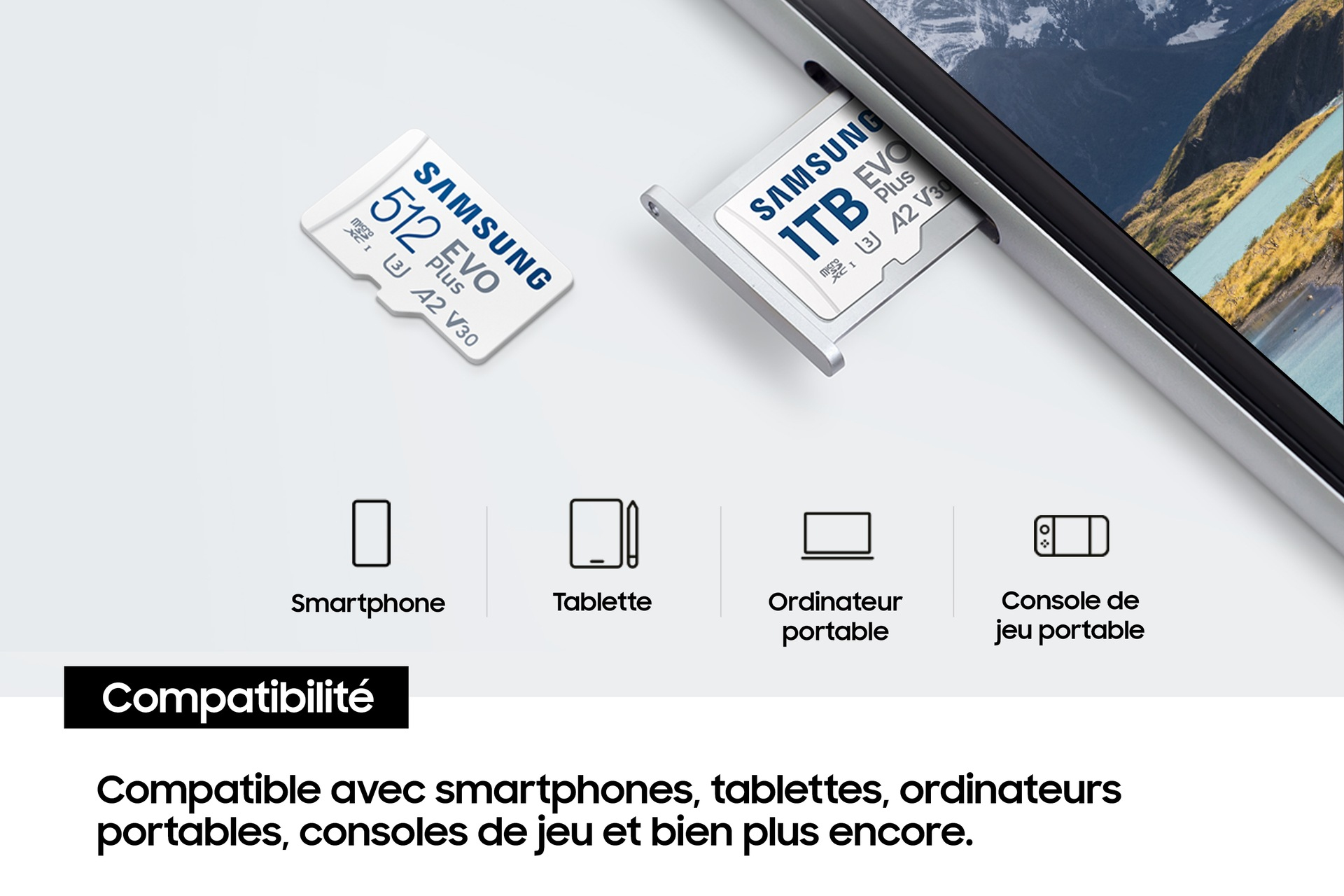 Karty SD Samsung (512GB, 1TB) i ikony kompatybilności urządzeń.
