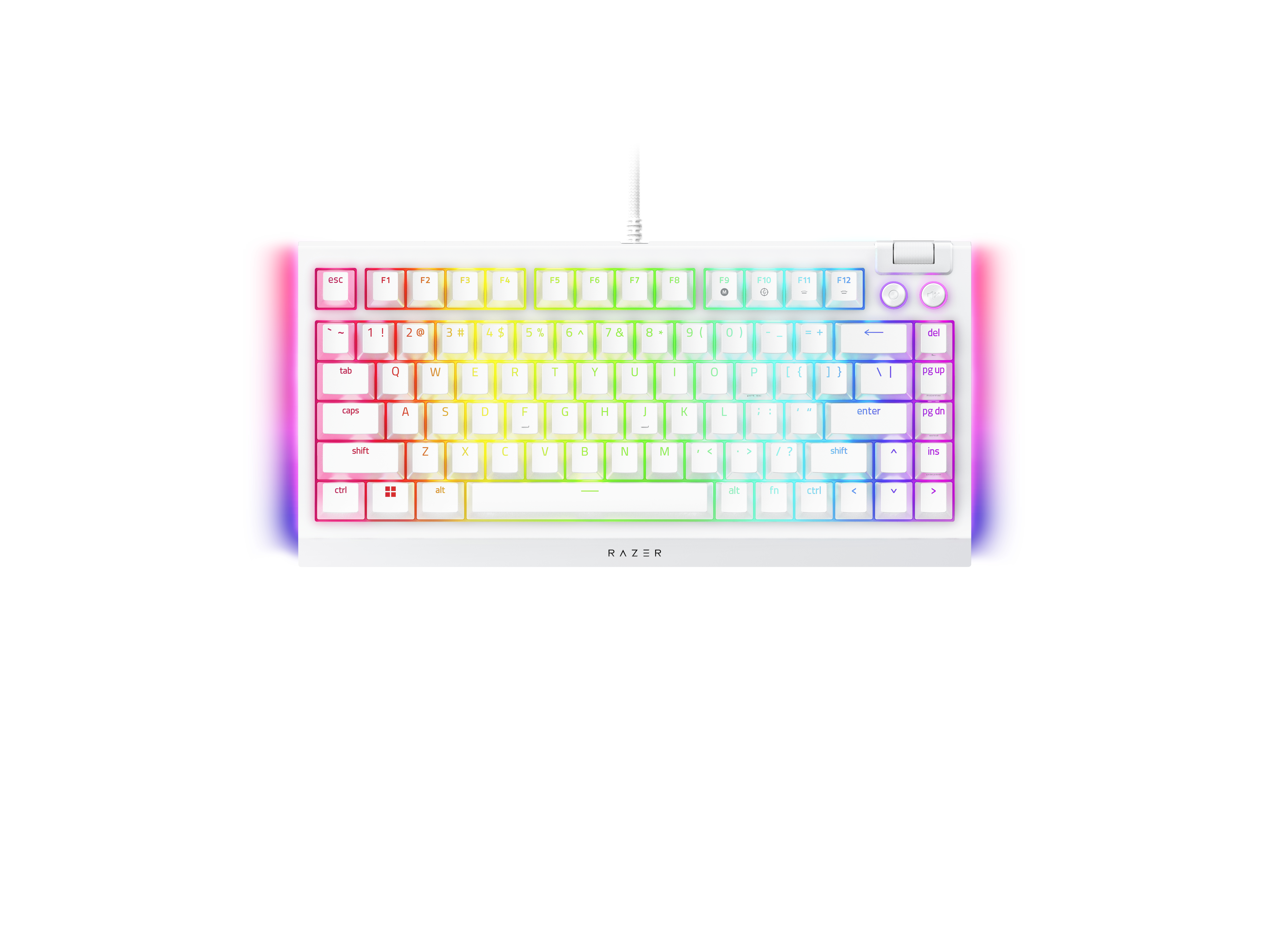 Een wit gamingtoetsenbord met kleurrijke RGB-achtergrondverlichting en Razer-logo.