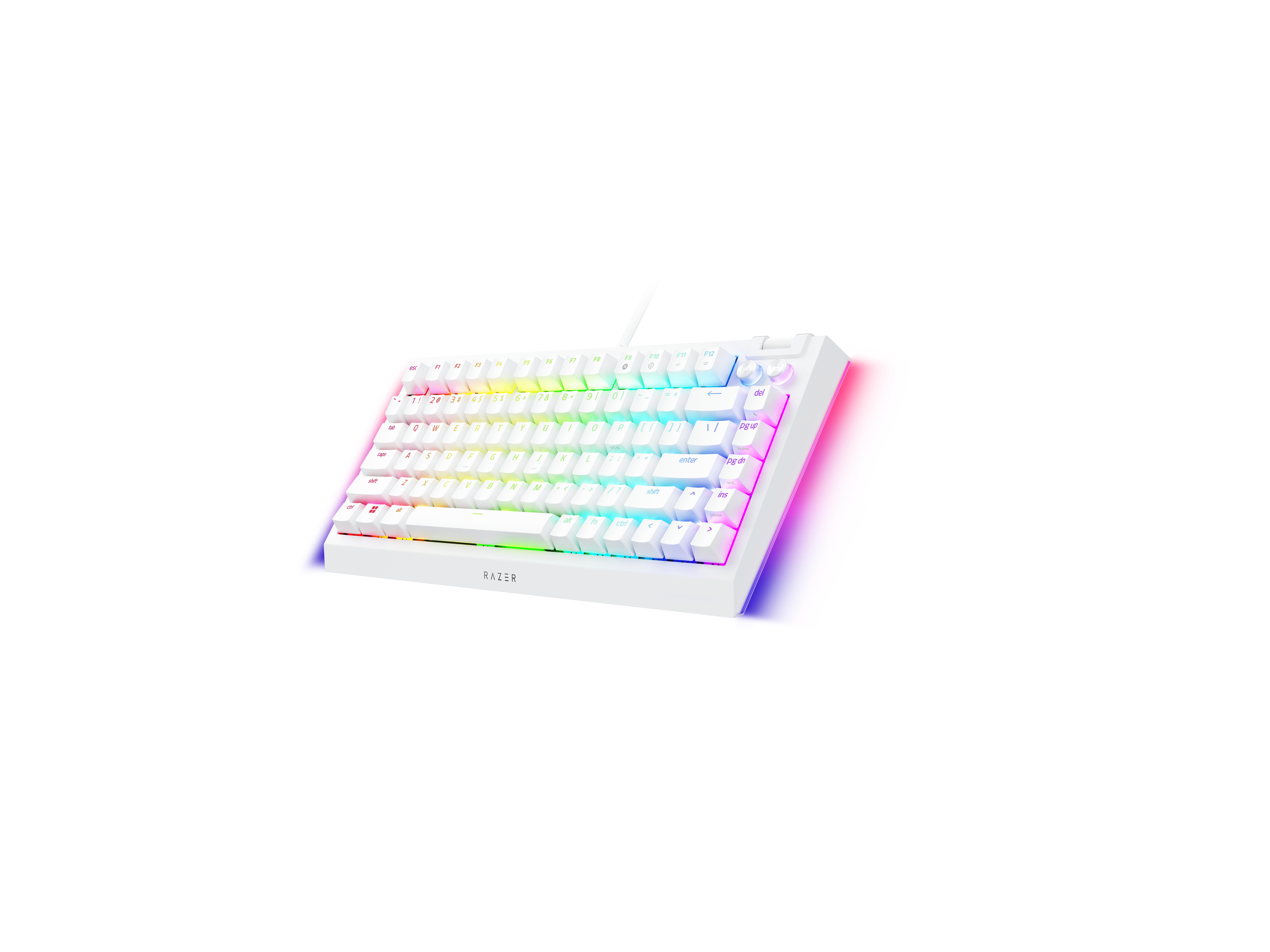 Een wit Razer gaming toetsenbord met RGB-verlichting en zilveren kabel.